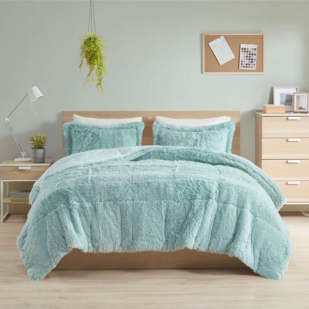 Shaggy Long Fur Comforter Mini Set Queen Blue Polyester