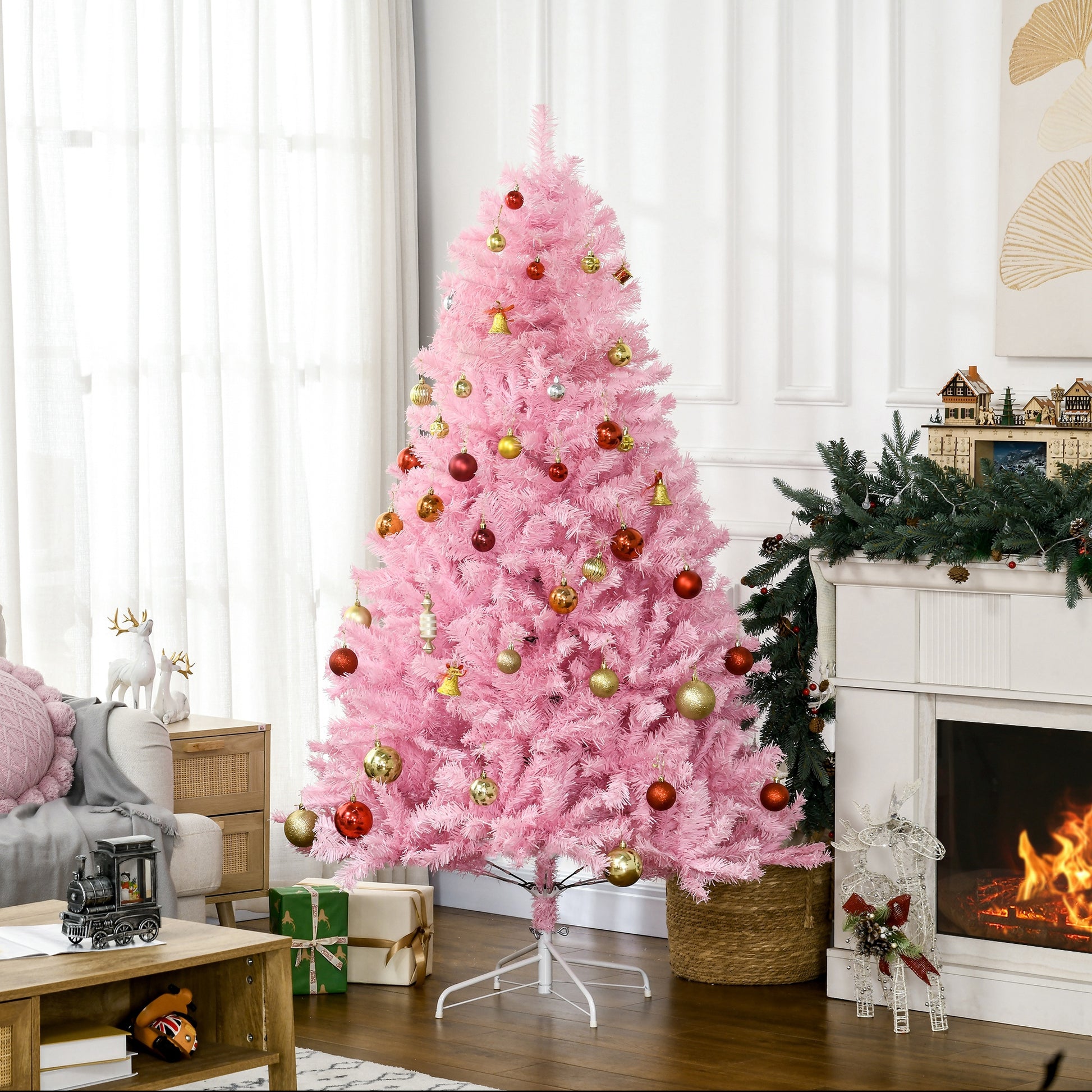 Homcom 6Ft Tall Artificial Christmas Tree Holiday D Cor With 1000 Branches, Auto Open, Steel Base, Wide Shape, Pink Pink Plastic