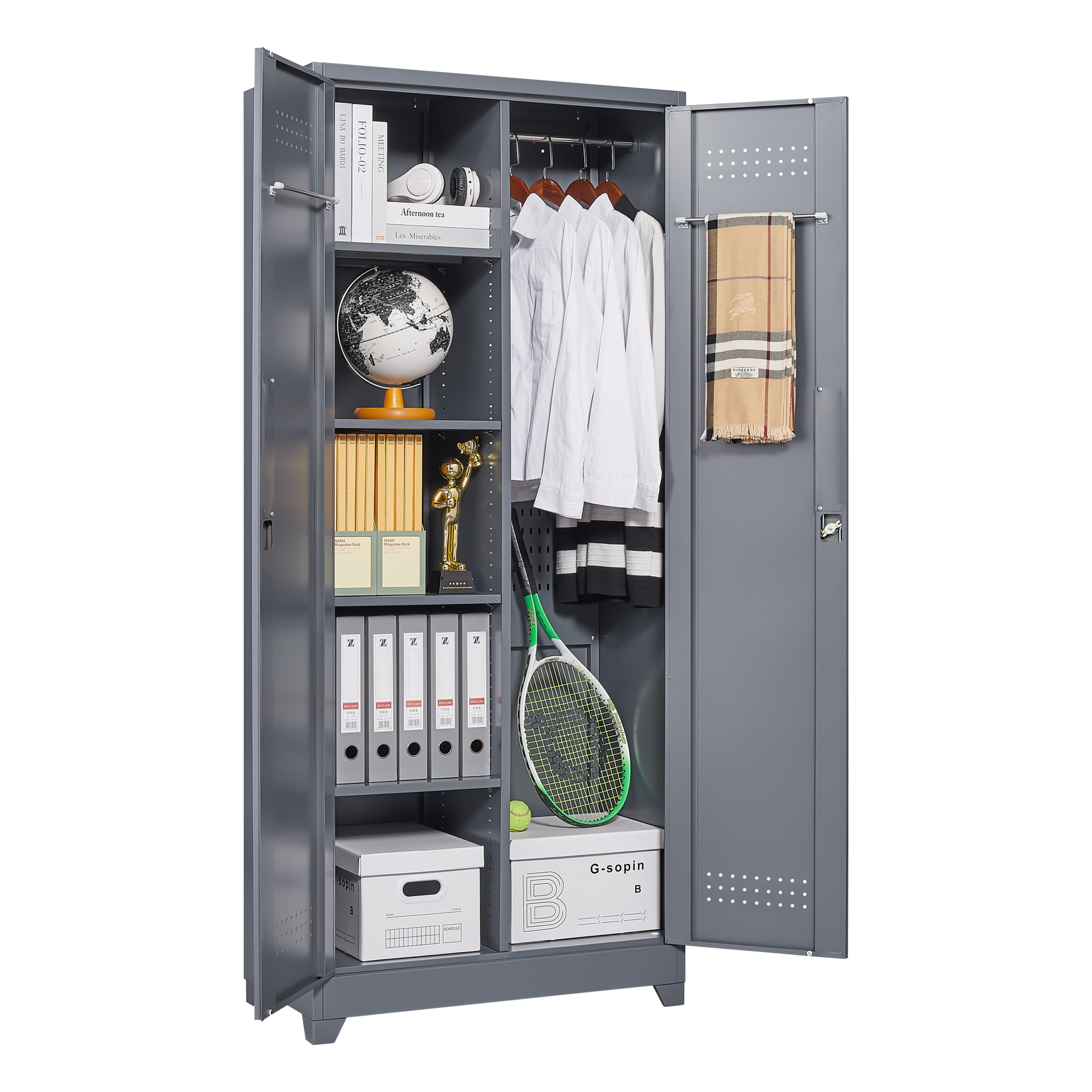 Metal Storage Cabinets, Cleaning Tool Cabinet With Locking Door, Tall Broom Tool Organizer And Storage, Large Storage Cabinet For Kitchen, Pantry, Office, Shop 3 4 Shelves Grey Door Locks Modern Metal