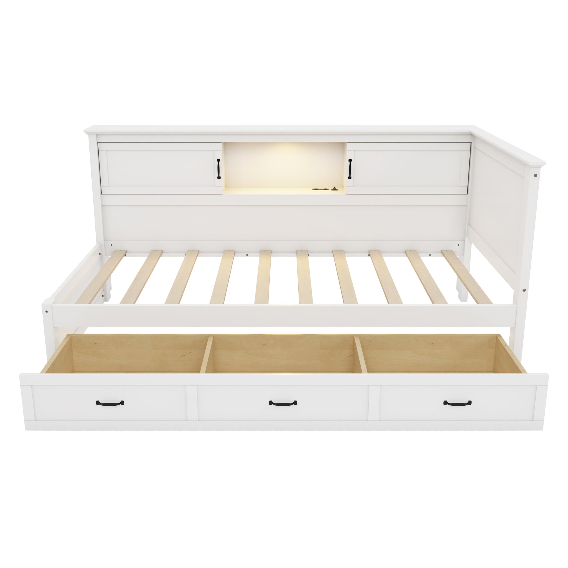 L Shaped Bed Frame With Drawer And And Bookcase,Corner Bed Wooden Captain Bed With Led Downlight And Usb Port For Small Room,Bedroom, Guest Room, Twin Size, White Box Spring Not Required Twin White Wood Bedroom Mid Century Modern,Modern Pine Bed Frame