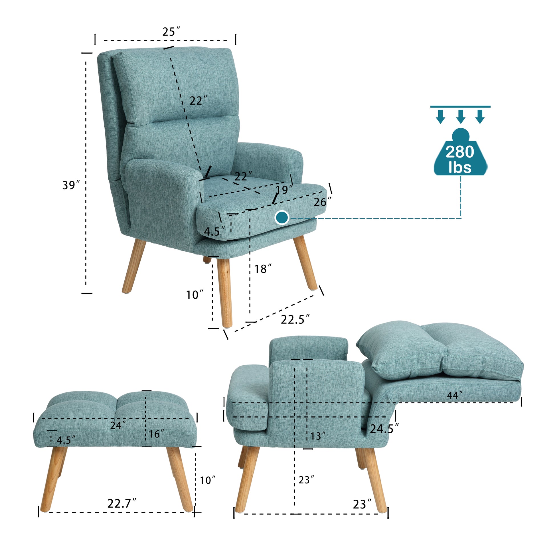 Accent Chair With Ottoman Set, Fabric Armchair With Wood Legs And Adjustable Backrestmid Century Modern Comfy Lounge Chair For Living Room, Bedroom, Reading Room And Study Green Textile 1 Seat
