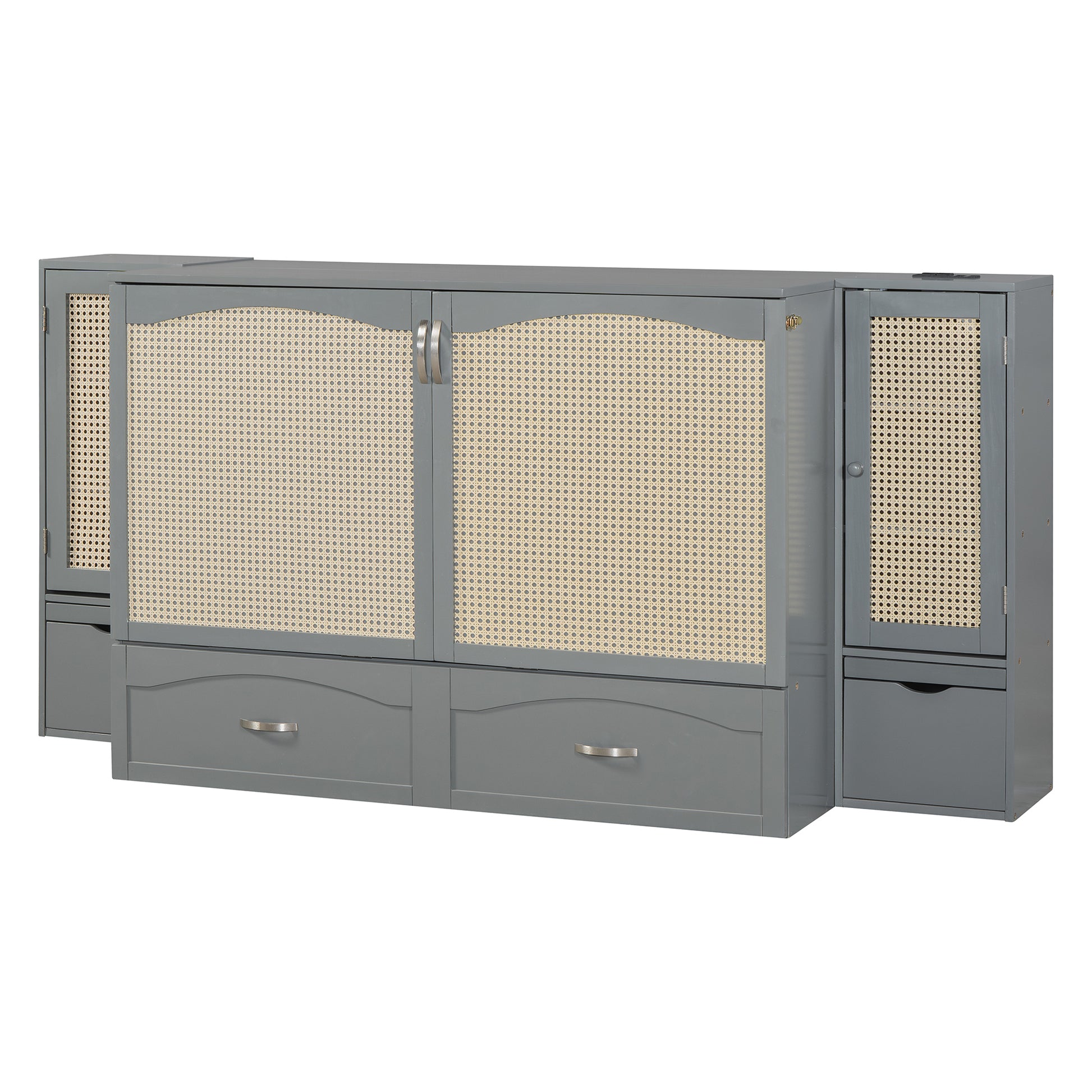 Full Size Murphy Bed Wall Bed With Drawer And Rattan Decoration With 2 Storage Cabinets, One Set Of Sockets & Usb Ports, Pulley Structure Design, Gray Full Gray Plywood