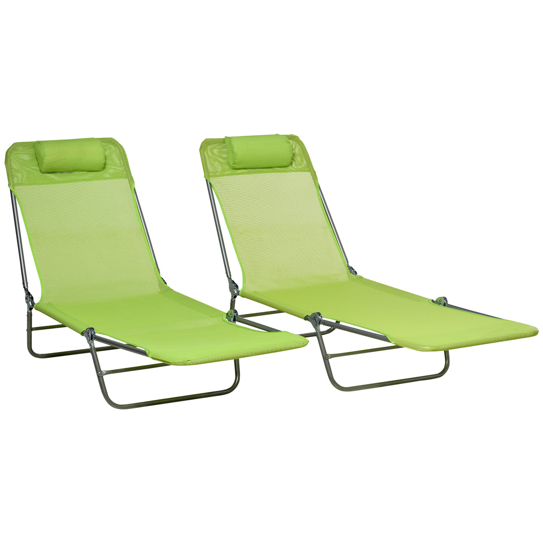 Outsunny 2 Piece Folding Chaise Lounge Chairs, Pool Sun Tanning Chairs, Outdoor Lounge Chairs With 6 Position Reclining Back,Mesh Seat, Headrest For Beach, Yard, Patio, Green Green Steel