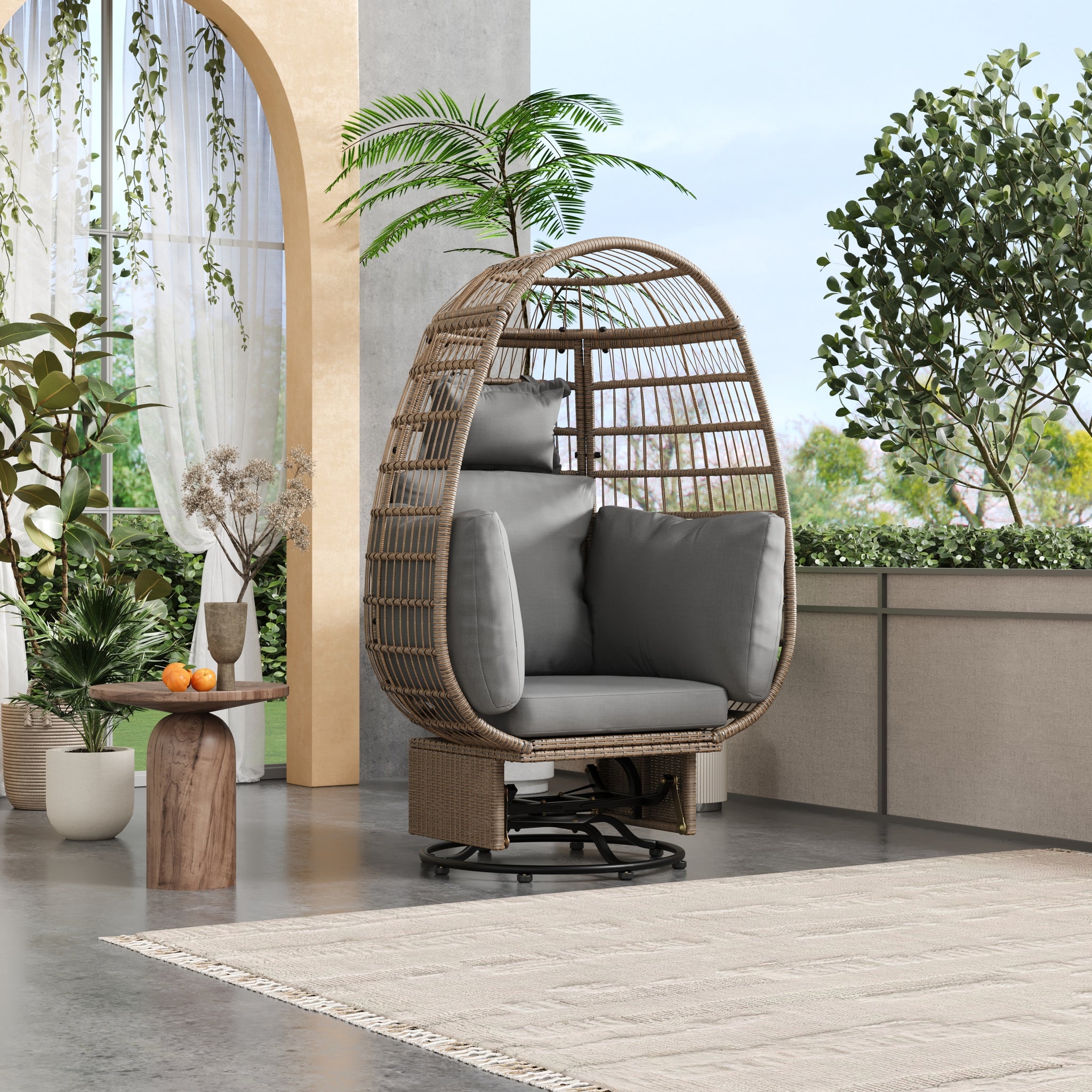 Outdoor Swivel Chair with Cushions, Rattan Egg natural+grey-wicker