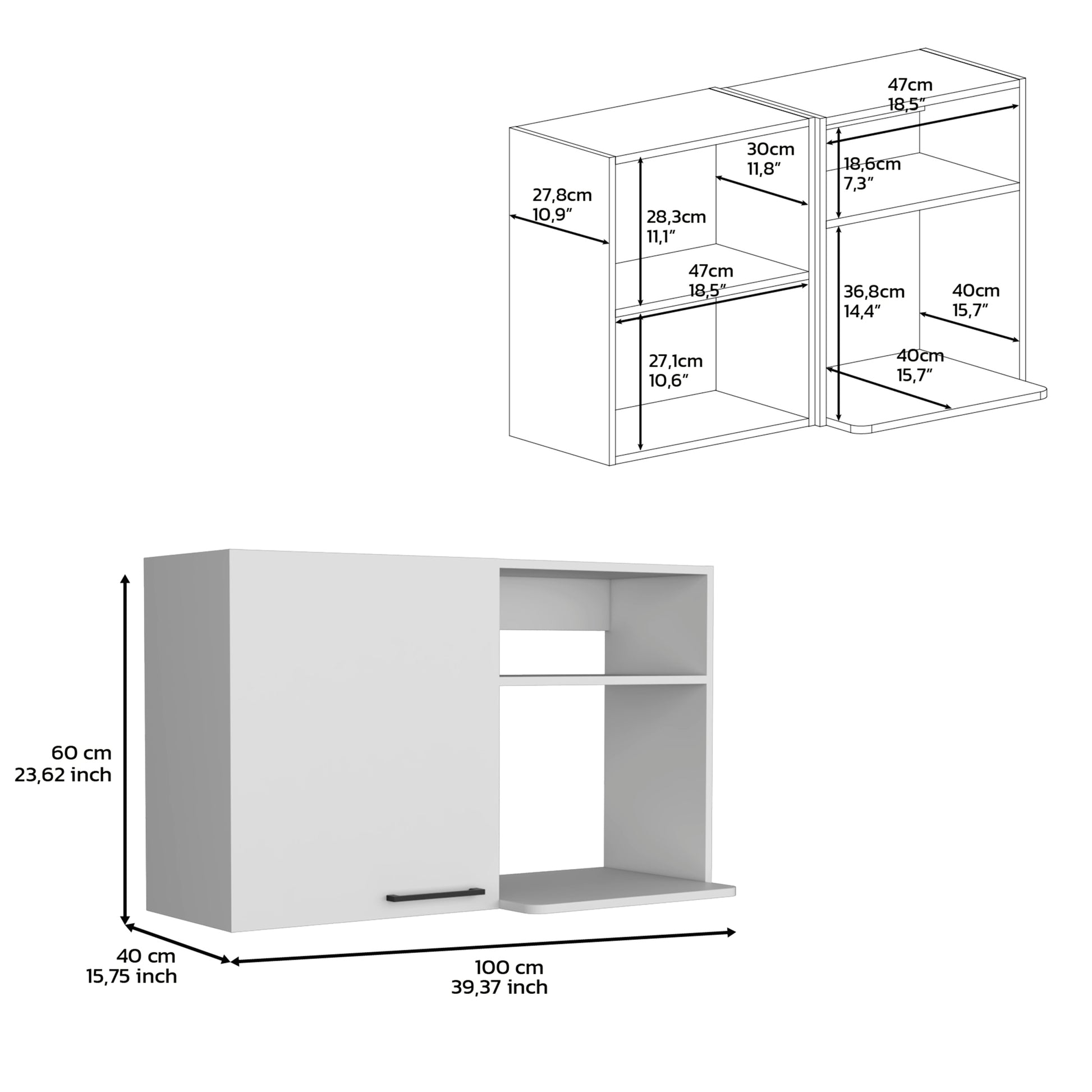 Stackable Wall Storage Cabinet 24" H, Two Internal Shelves, Two External Storage Shelves, One Door, White White Particle Board Particle Board