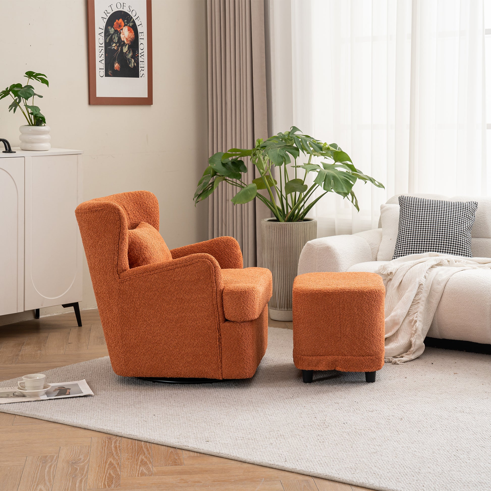 Modern Luxury Velvet Swivel Chair, 360 Swivel Comfort Round Armchair, Single Sofa Chair With Lounge Seat For Bedroom Office Reading Space, Set Of 1 ,Orange Orange Wood