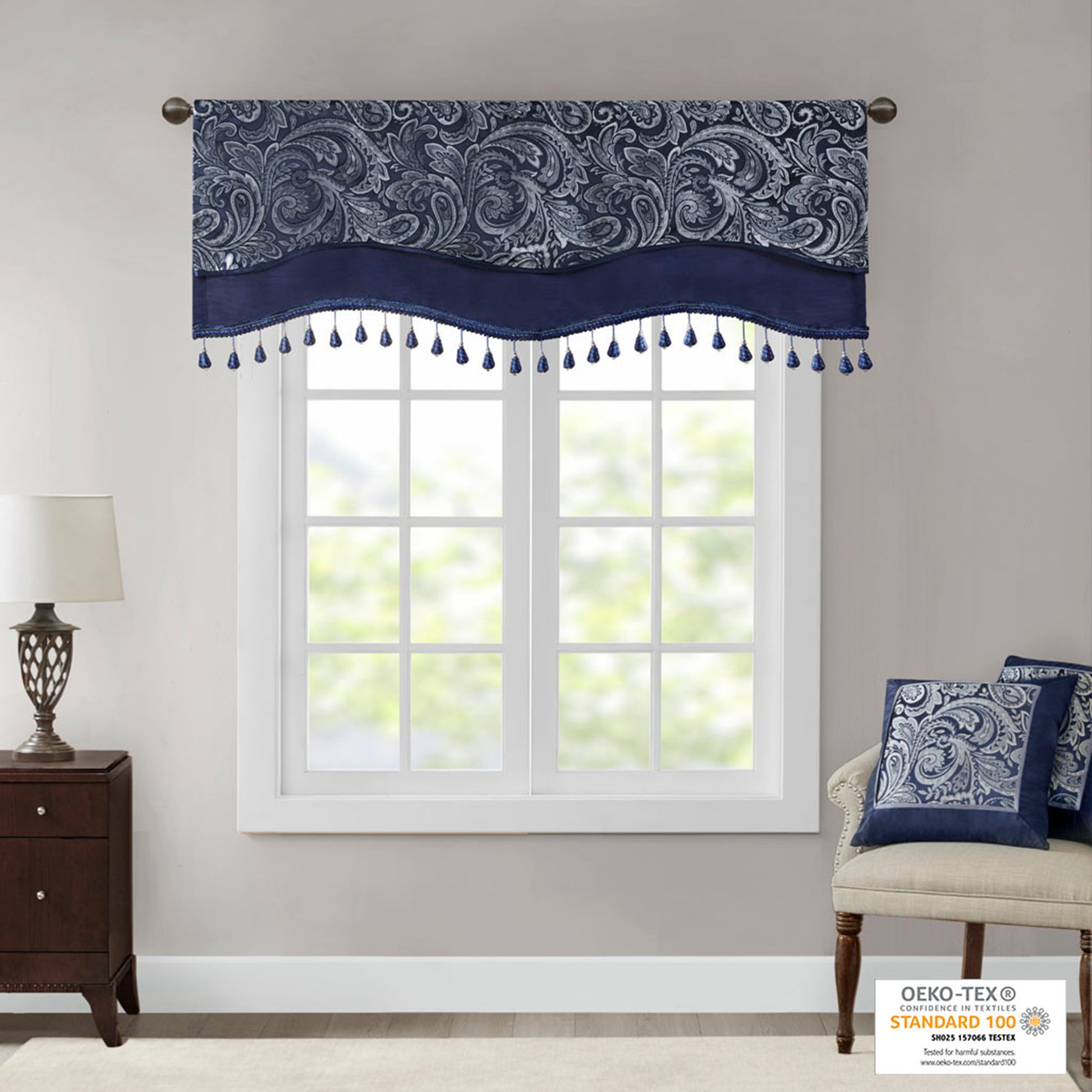 Jacquard Window Rod Pocket Valance With Beads Navy 50X18" Navy Polyester