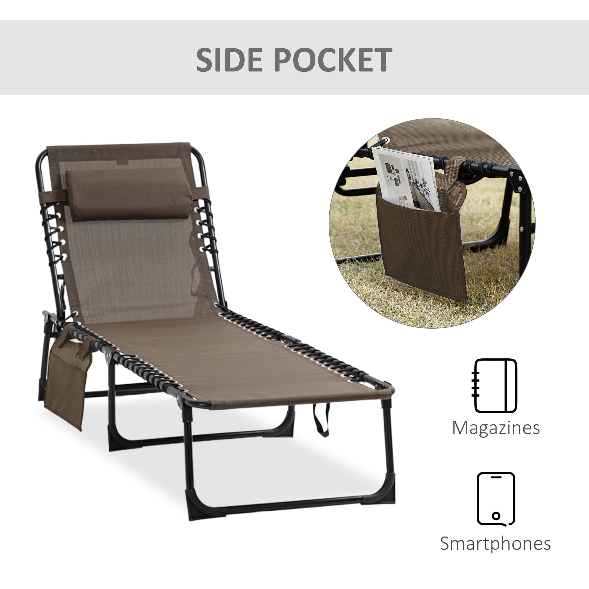Outsunny Reclining Chaise Lounge Chair, Portable Sun Lounger, Folding Camping Cot, With Adjustable Backrest And Removable Pillow, For Patio, Garden, Beach, Brown Brown Fabric