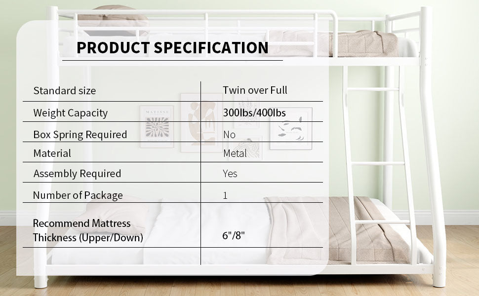 Metal Bunk Bed Twin Over Full Size With Removable Stairs, Heavy Duty Sturdy Frame With 12" Under Bed Storage For Teen & Adults, Teens, No Box Spring Needed, White Box Spring Not Required Full White Metal Bedroom Metal