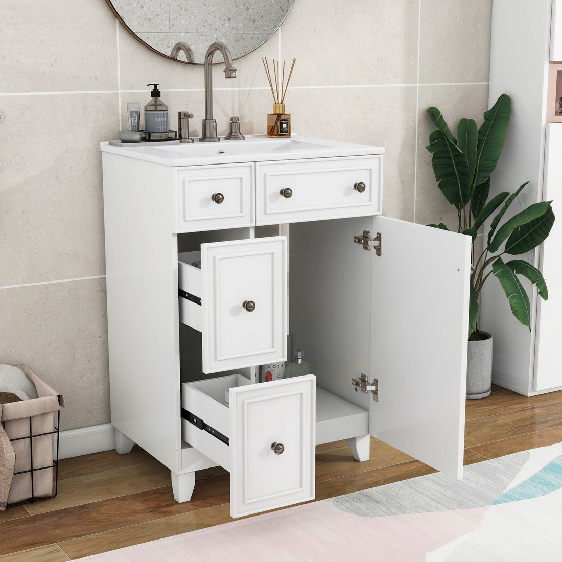 24 Inch Bathroom Vanity Cabinet With Ceramic Sink, 2 Drawers, 1 Door White Bathroom Solid Wood Mdf