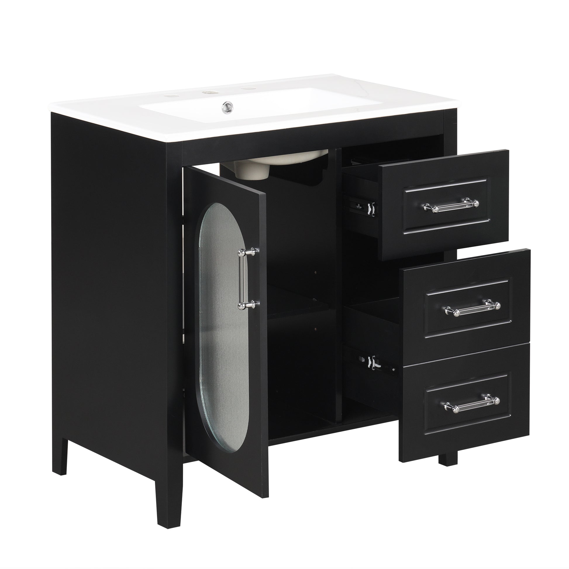 30" Bathroom Vanity With Sink, Bathroom Vanity Cabinet With Two Drawers And Door, Adjustable Shelf, Solid Wood And Mdf, Black Black Solid Wood Mdf