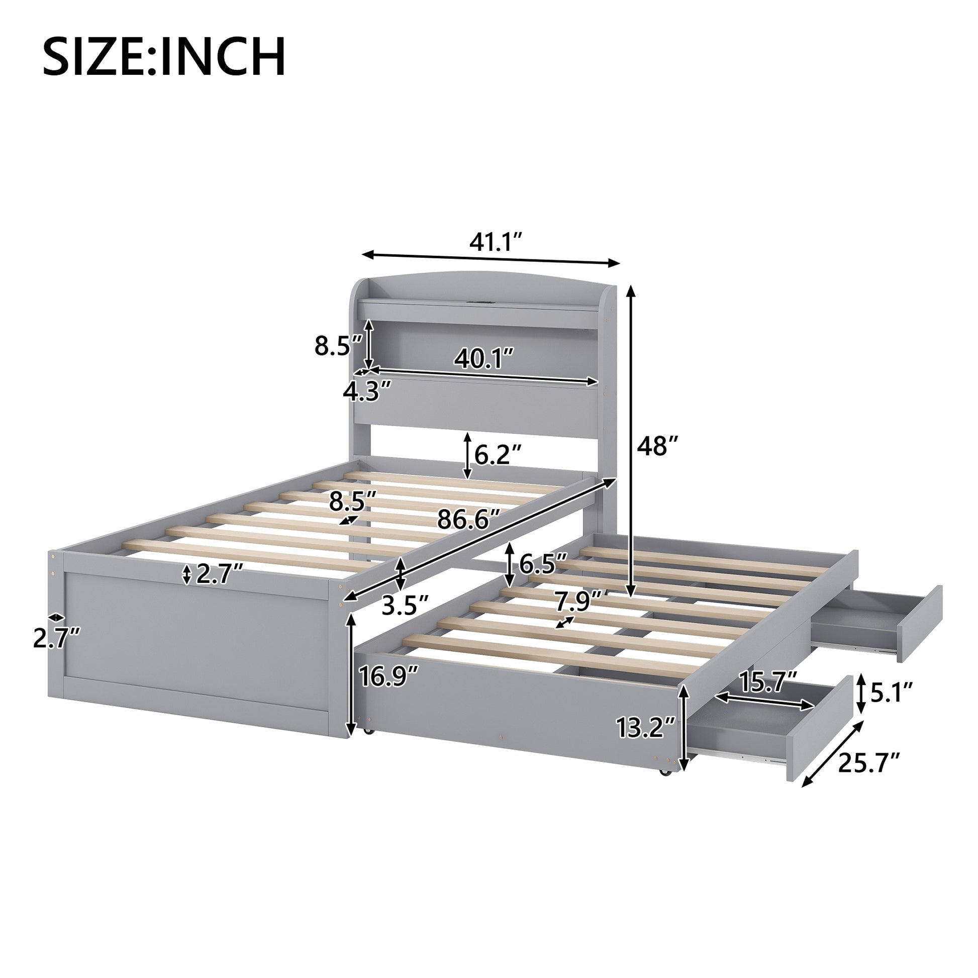 Twin Xl Size Platform Bed With Storage Led Headboard, Charging Station, Twin Size Trundle And 2 Drawers, Gray Box Spring Not Required Twin Xl Gray Wood Bedroom Bed Frame Solid Wood Mdf