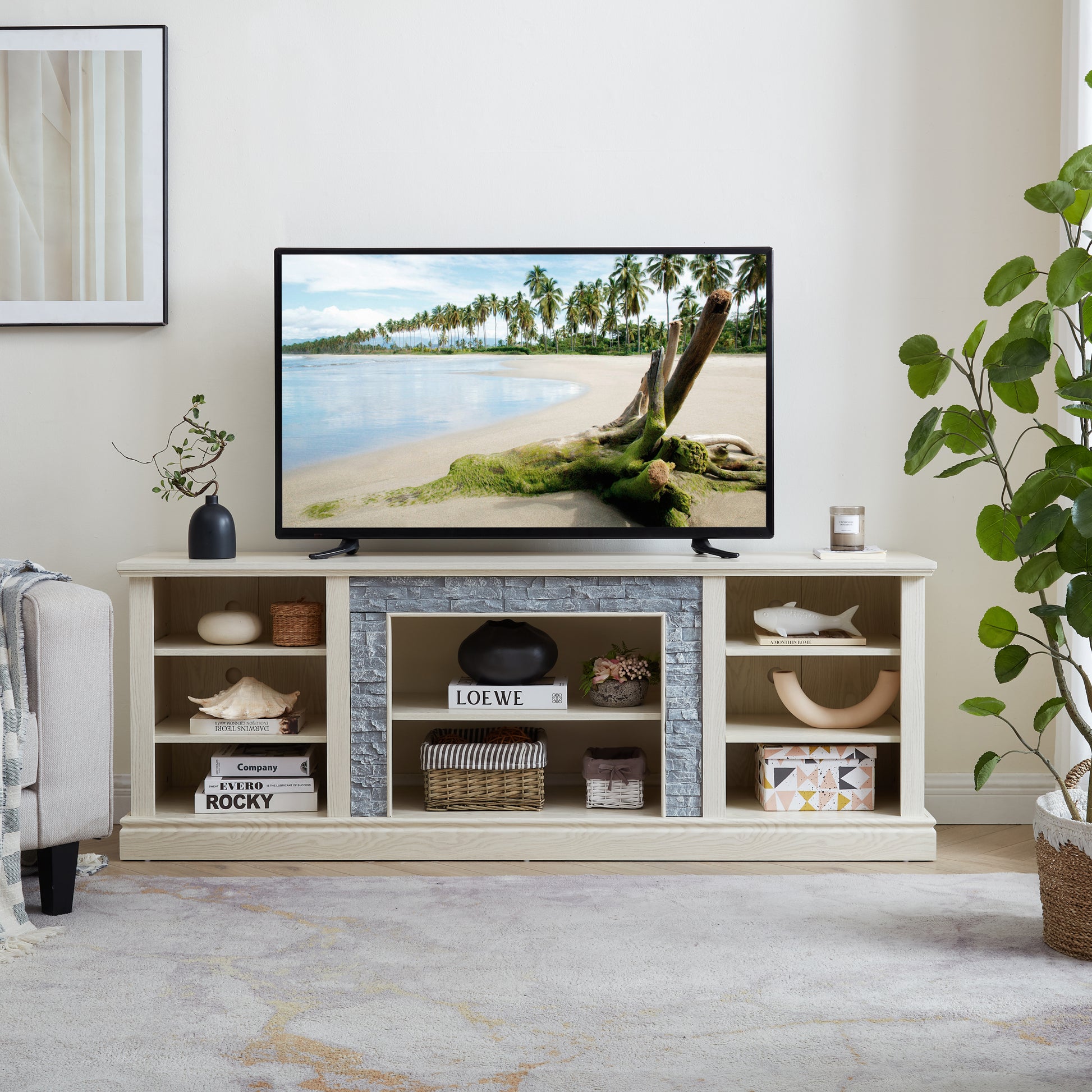 Large Tv Desk Storage Rack With Faux Stacked Stone Surround,Media Console Table With Large Storage Cabinet,Modern Tv Media Entertaionment Stand,White, 70.12"W*15.35"D*25.83"H White 70 79 Inches Mdf