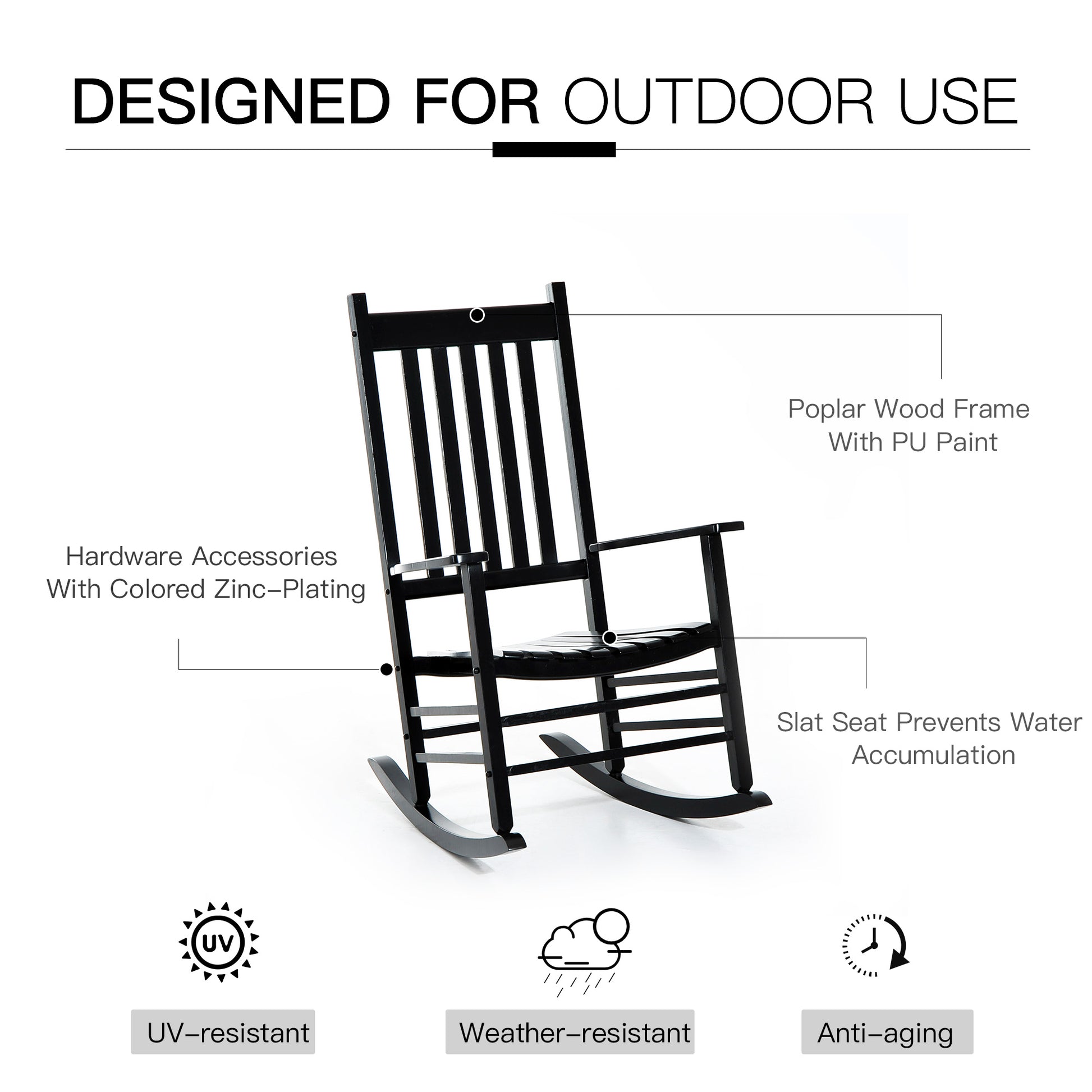 Outsunny Outdoor Rocking Chair, Patio Wooden Rocking Chair With Smooth Armrests, High Back For Garden, Balcony, Porch, Supports Up To 352 Lbs., Black Black Wood