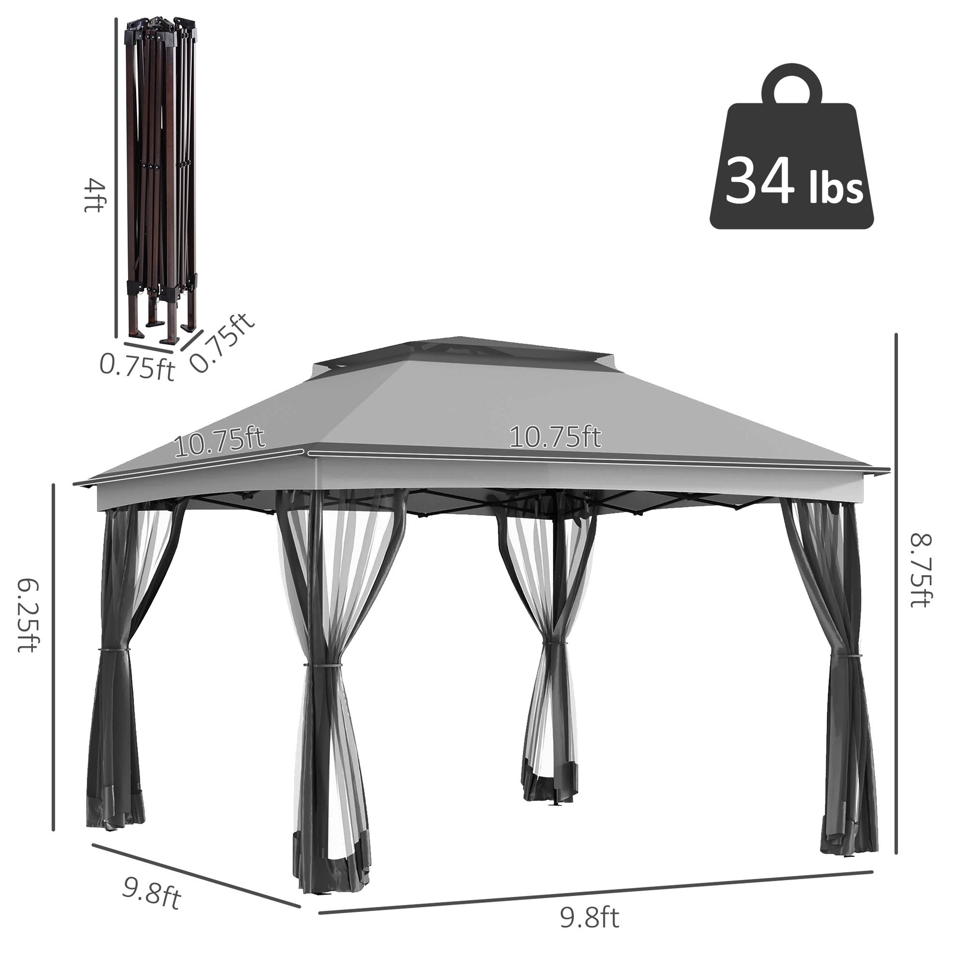 Outsunny 11' X 11' Pop Up Canopy, Outdoor Patio Gazebo Shelter With Removable Zipper Netting, Instant Event Tent W 114 Square Feet Of Shade And Carry Bag For Backyard, Garden, Light Gray Light Grey Metal