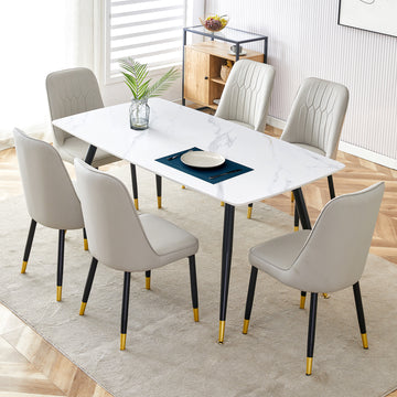 Modern Minimalist Dining Table. White Imitation Marble Pattern Sintered Stone Desktop With Black Metal Legs.Modern Dining Chair With Pu Artificial Leather Backrest Cushion And Black Metal Legs.F 001 Black Gold Sintered Stone