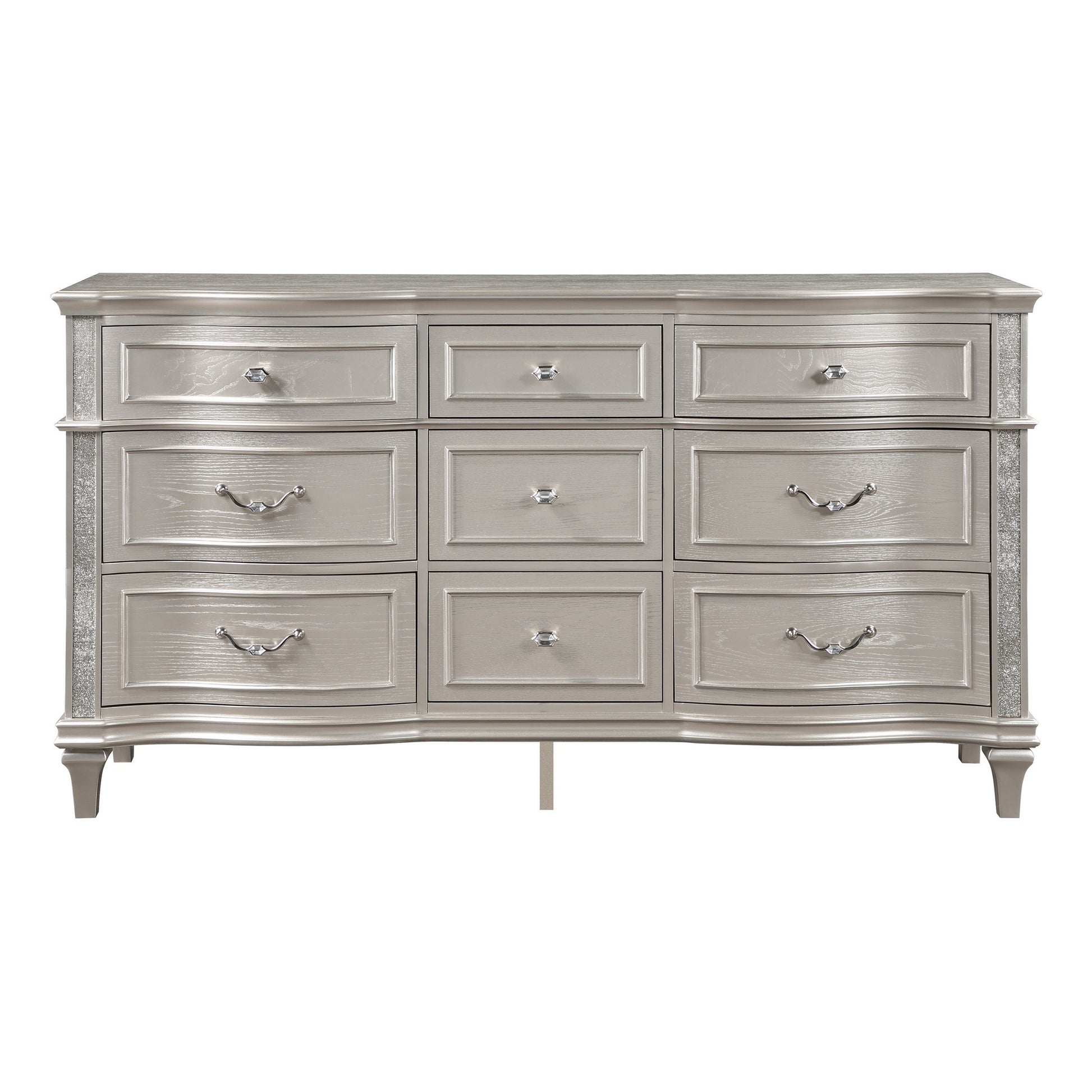 Inz 71 Inch 9 Drawer Wide Dresser, Elegant Trim Details, Classic Silver Silver Wood