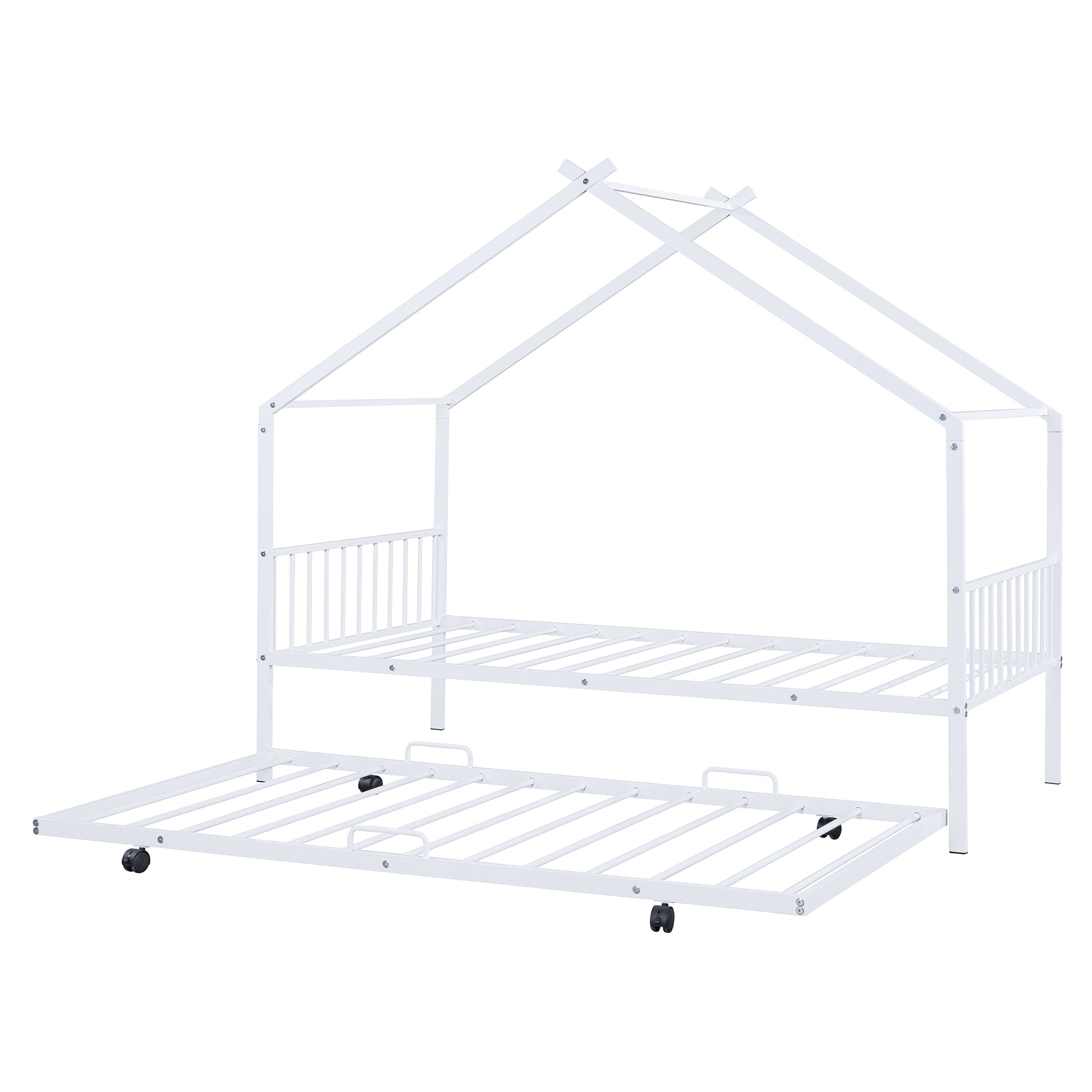 Twin Size Metal House Bed With Twin Size Trundle, White Twin White Metal