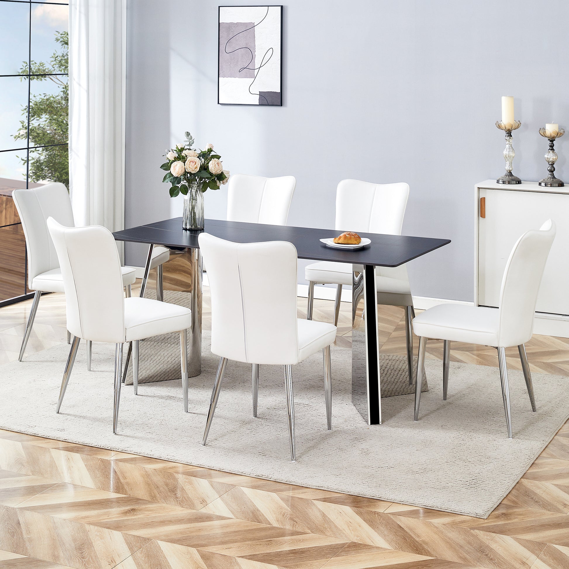 Table And Chair Set.63"X31.5X30" Black Marble Patterned Slabs Tabletop With Stainless Steel Butterfly Legs.Paired With 6 White Pu Dining Chairs With A Vertical Stripe Design On The Backrest. White