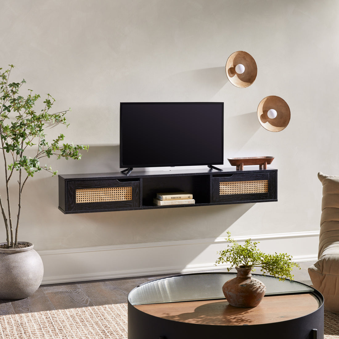 Modern Rattan Door Floating Tv Stand For Tvs Up To 65 Inches Black Black 60 69 Inches Mdf