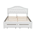 Queen Size Upholstered Platform Bed With Tufted Headboard, Led And 2 Drawers, White Box Spring Not Required Queen White Wood Bathroom Bed Frame Faux Leather Upholstered