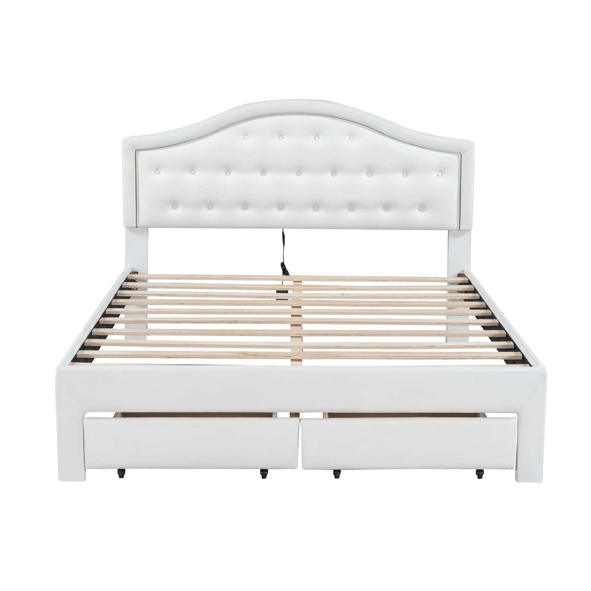 Queen Size Upholstered Platform Bed With Tufted Headboard, Led And 2 Drawers, White Box Spring Not Required Queen White Wood Bathroom Bed Frame Faux Leather Upholstered