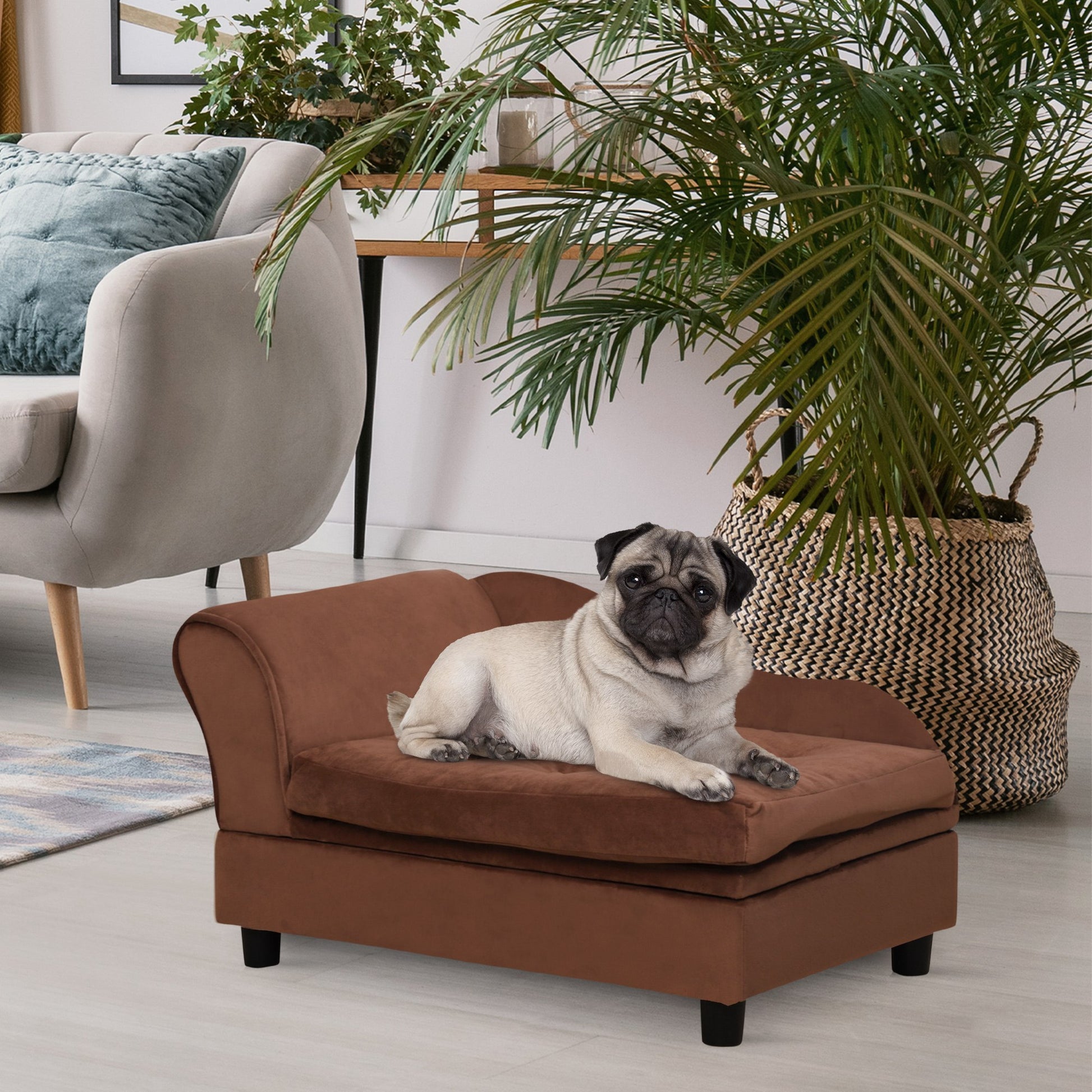 Pawhut Luxury Fancy Dog Bed For Small Dogs With Hidden Storage, Small Dog Couch With Soft 3" Foam, Dog Sofa Bed, Cushy Dog Bed, Modern Pet Furniture For Puppies And Little Breeds, Brown Brown Polyester