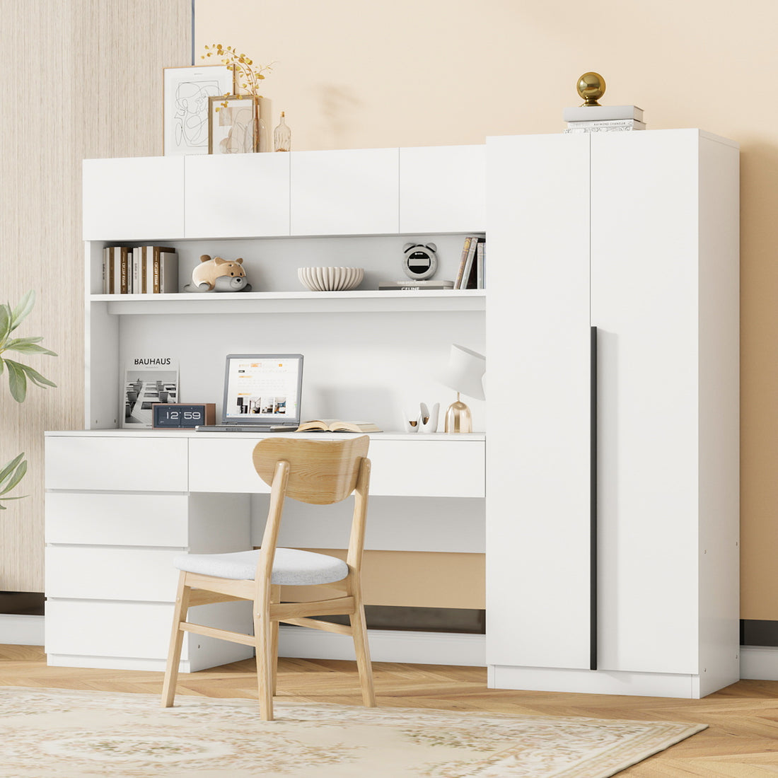 2 Door Wooden Storage Desk Wardrobe For Bedroom With Shelves And Drawers, White White Mdf Lvl