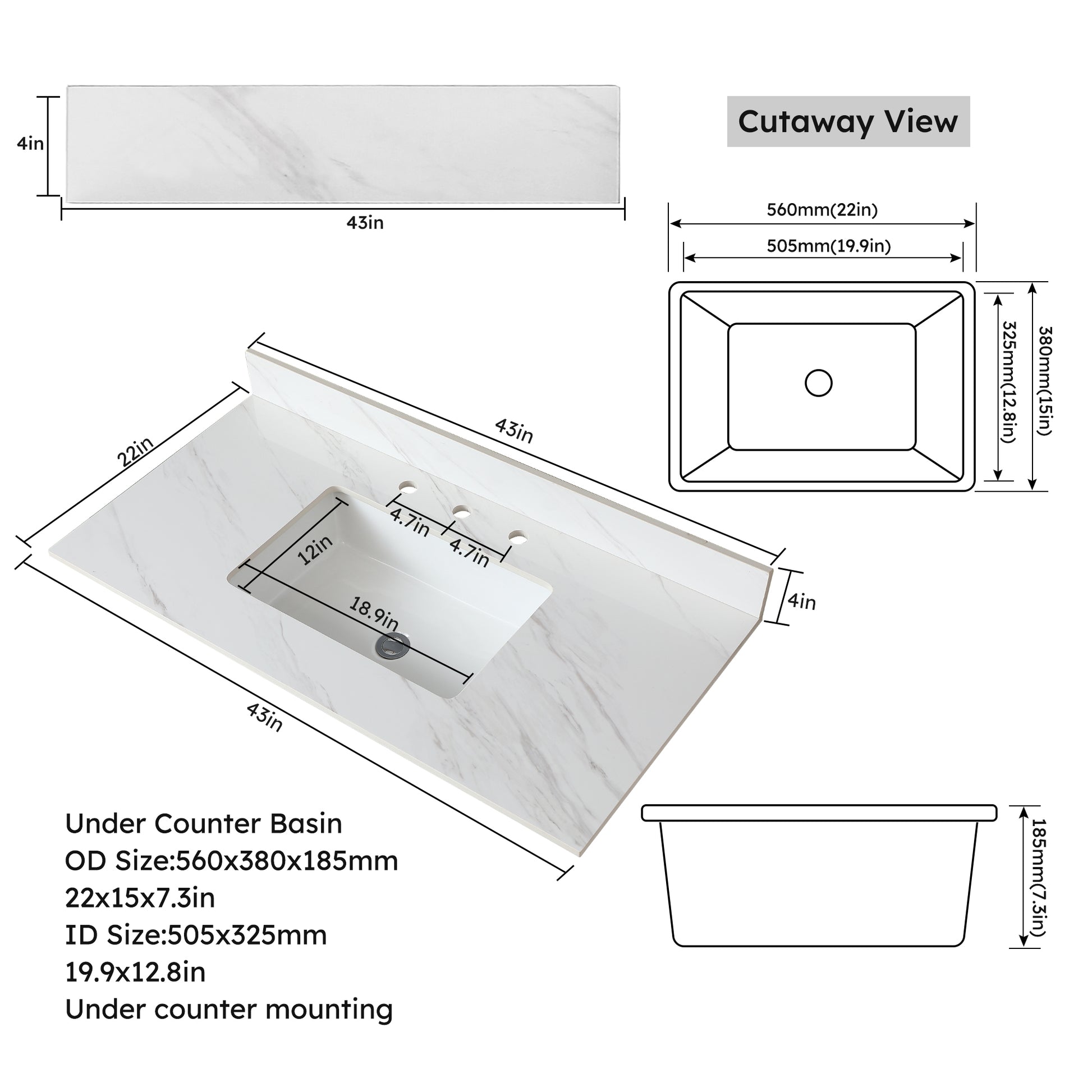 43 Inch Marble Vanity Top, White Vanity Top With Pre Drilled Faucet Holes, Bathroom Vanity Top With Undermount Rectangular Middle Sink And 4" Height Backsplash, Bianco Carrara Venato White Bathroom Sintered Stone