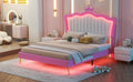 Full Size Upholstered Bed Frame With Led Lights, Modern Upholstered Princess Bed With Crown Headboard, Pink White Box Spring Not Required Full Pink White Wood Bedroom Modern Bed Frame Pu