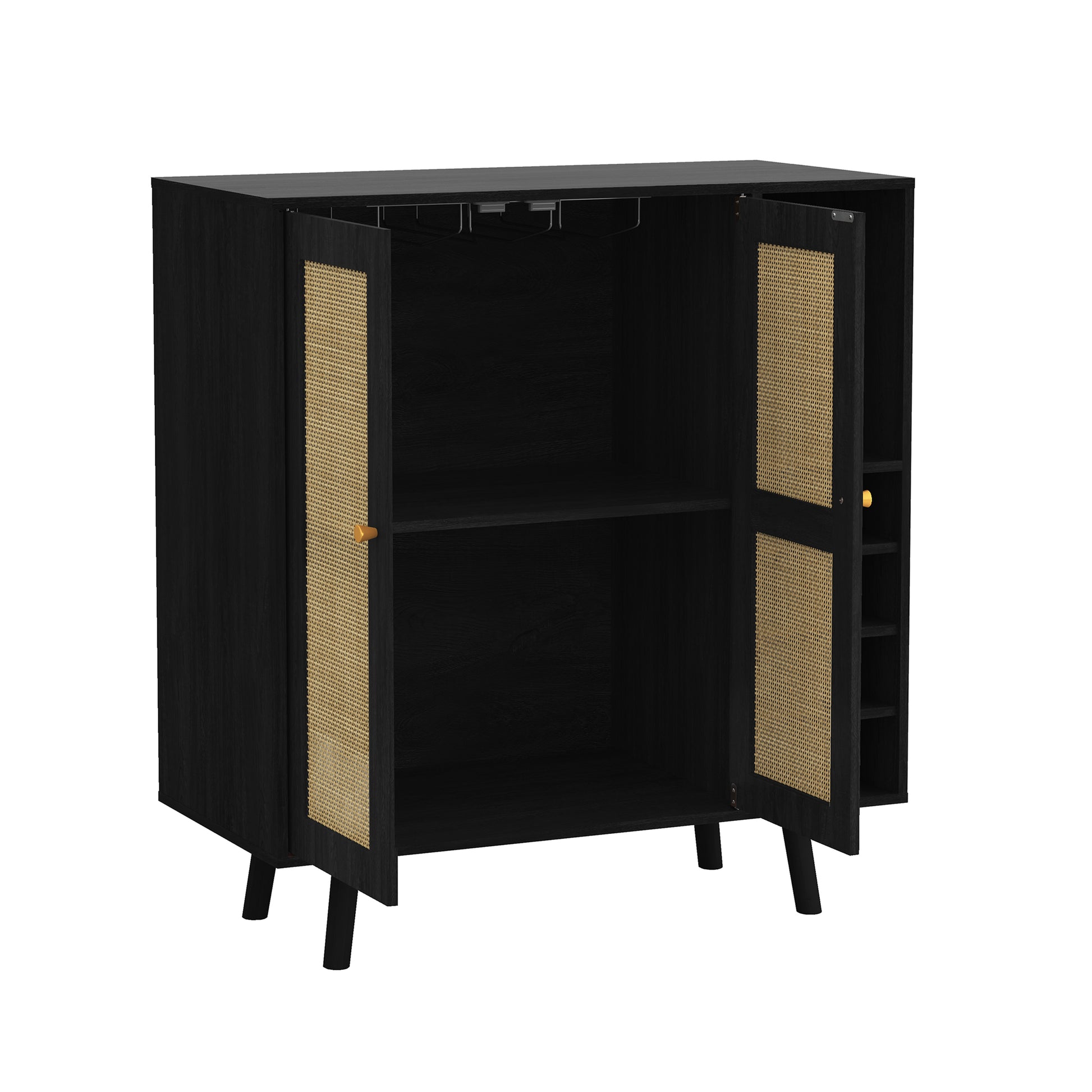 Bohemian Bar Cabinet, Natural Rattan Doors, Removable Wine Rack In Ebony 1 2 Shelves Black Boho,Mid Century Modern Mdf