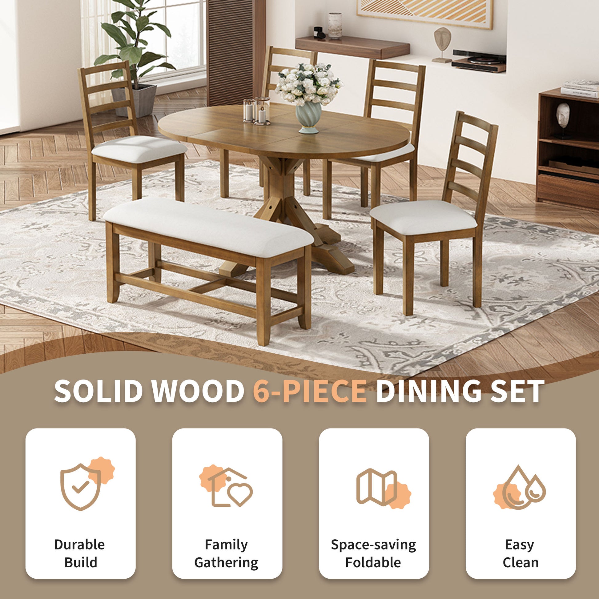 Farmhouse 6 Piece 60Inch Extendable Pedestal Dining Table Set With 18Inch Removable Leaf, 44Inch Bench And 4 Ladder Back Dining Chairs, Dark Brown Wood Dining Room Solid Wood Rubberwood Oval Dining Table With Bench Wood Wood Dark Brown Ladder Back Seats