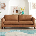 Aria Top Grain Leather Sofa Couch Brown Genuine Leather Wood Primary Living Space Medium Firm Cushion Back Mid Century Modern Eucalyptus Square Arms Down Filling Leather 3 Seat