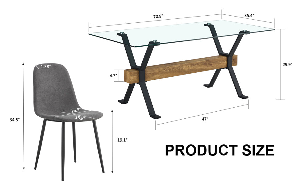 Dining Table. Modern Tempered Glass Dining Table. Large Modern Office Desk With Black Metal Legs And Mdf Crossbars, Suitable For Home And Office Use. 4 High End Cushioned Seats.F1105 B0501A Transparent Mdf Glass