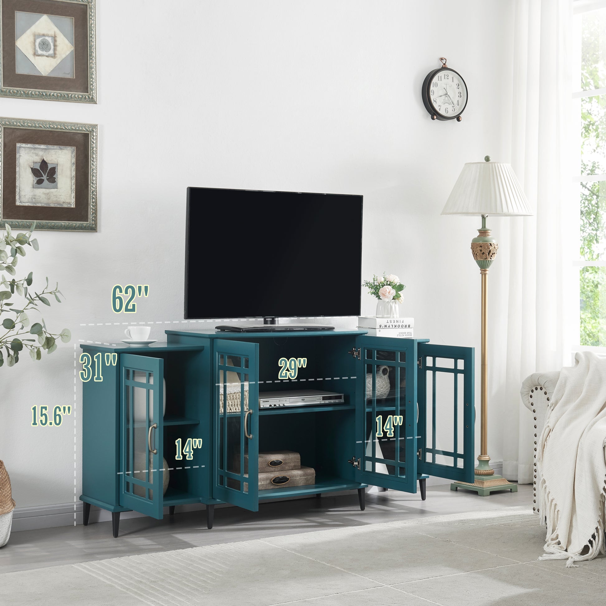 62" Tv Stand, Buffet Sideboard Cabinet, Teal Blue Teal Blue Primary Living Space 40 49 Inches Mdf Glass