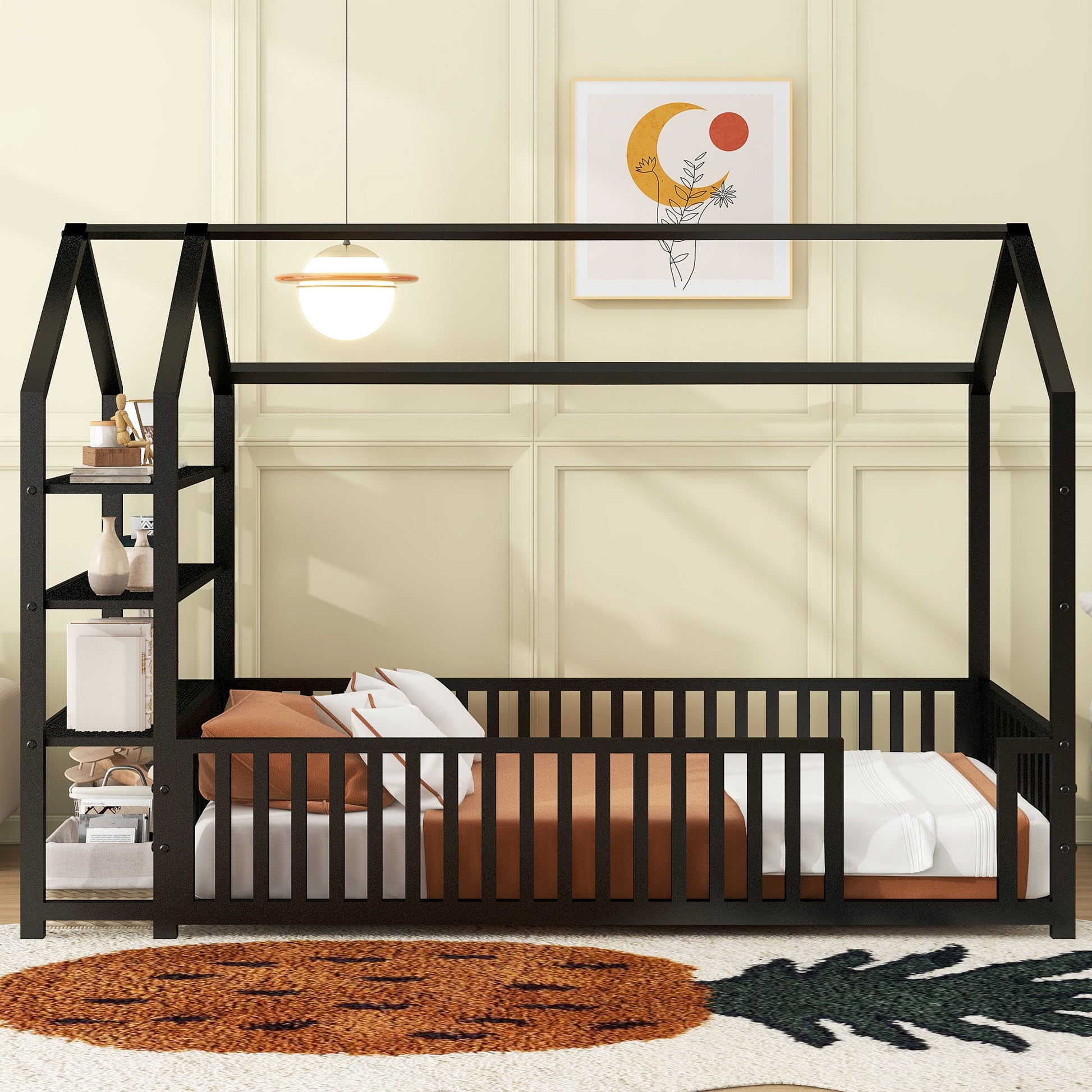Twin Size Metal House Bed With Fence And Detachable Storage Shelves, Black Twin Black Metal