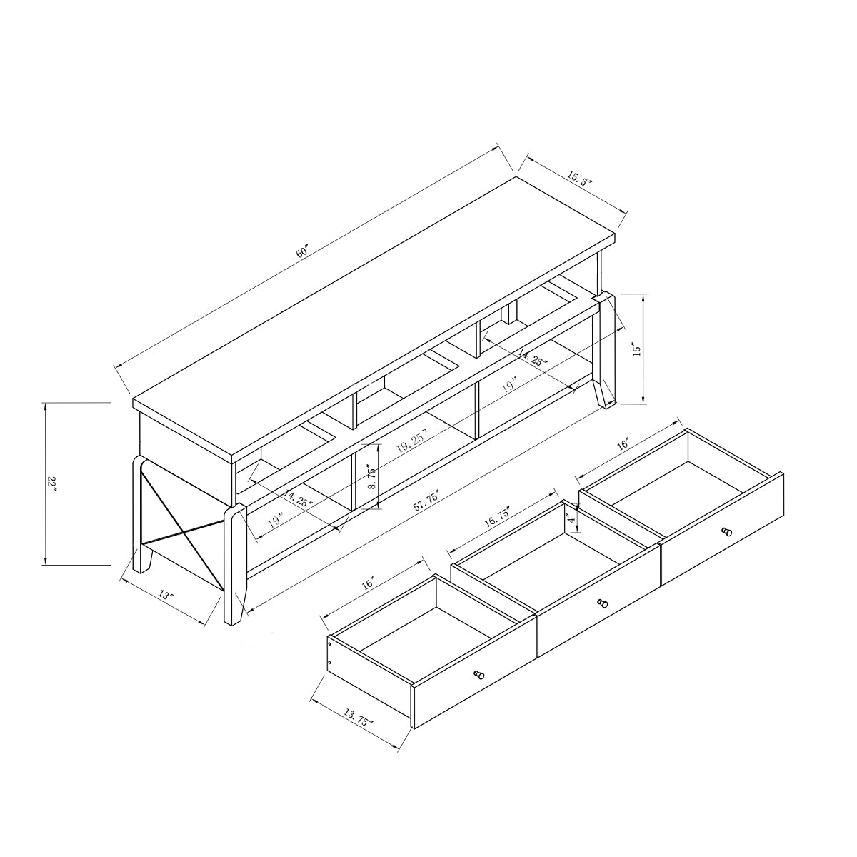 Modern Tv Stand With Three Open Shelves And Three Drawers White White Oak 60 69 Inches Particle Board