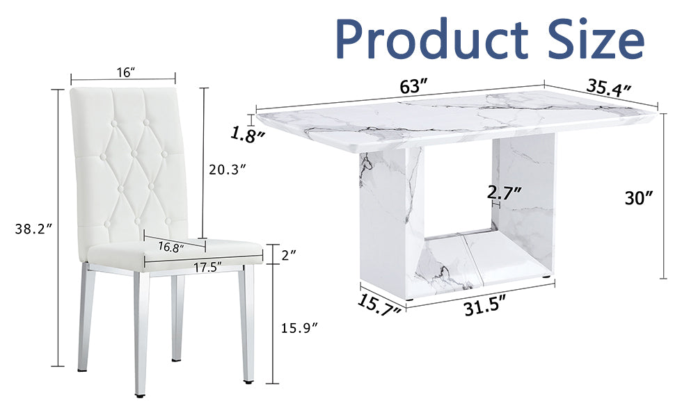 Table And Chair Set.63"X35.4" White Marble Patterned Mdf Dining Table Set With 6 Armless White Pu Chairs.Showcasing A Modern And Stylish Look. White Seats 6 Mdf Metal