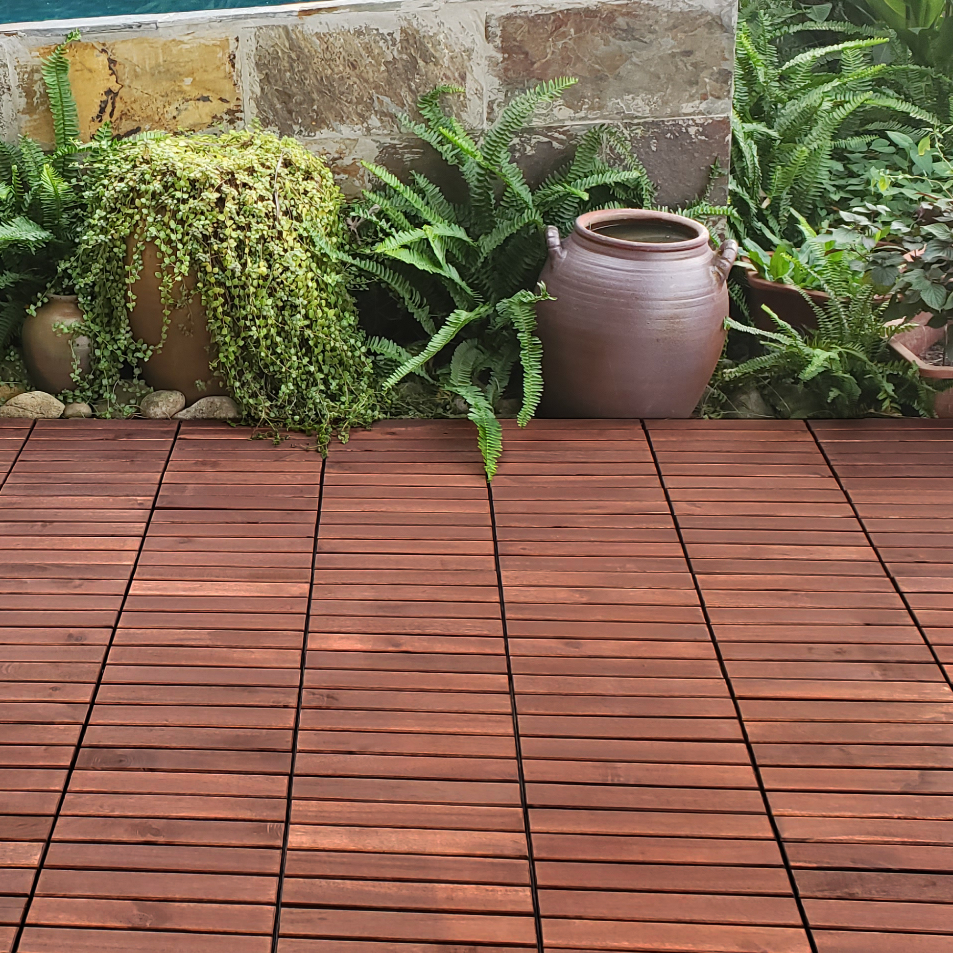 30 Pcs Interlocking Deck Tiles Striped Pattern, 12" X 12" Square Acacia Hardwood Outdoor Flooring For Patio, Bancony, Pool Side,.. Brown Garden & Outdoor American Design,American Traditional,Antique Solid Wood