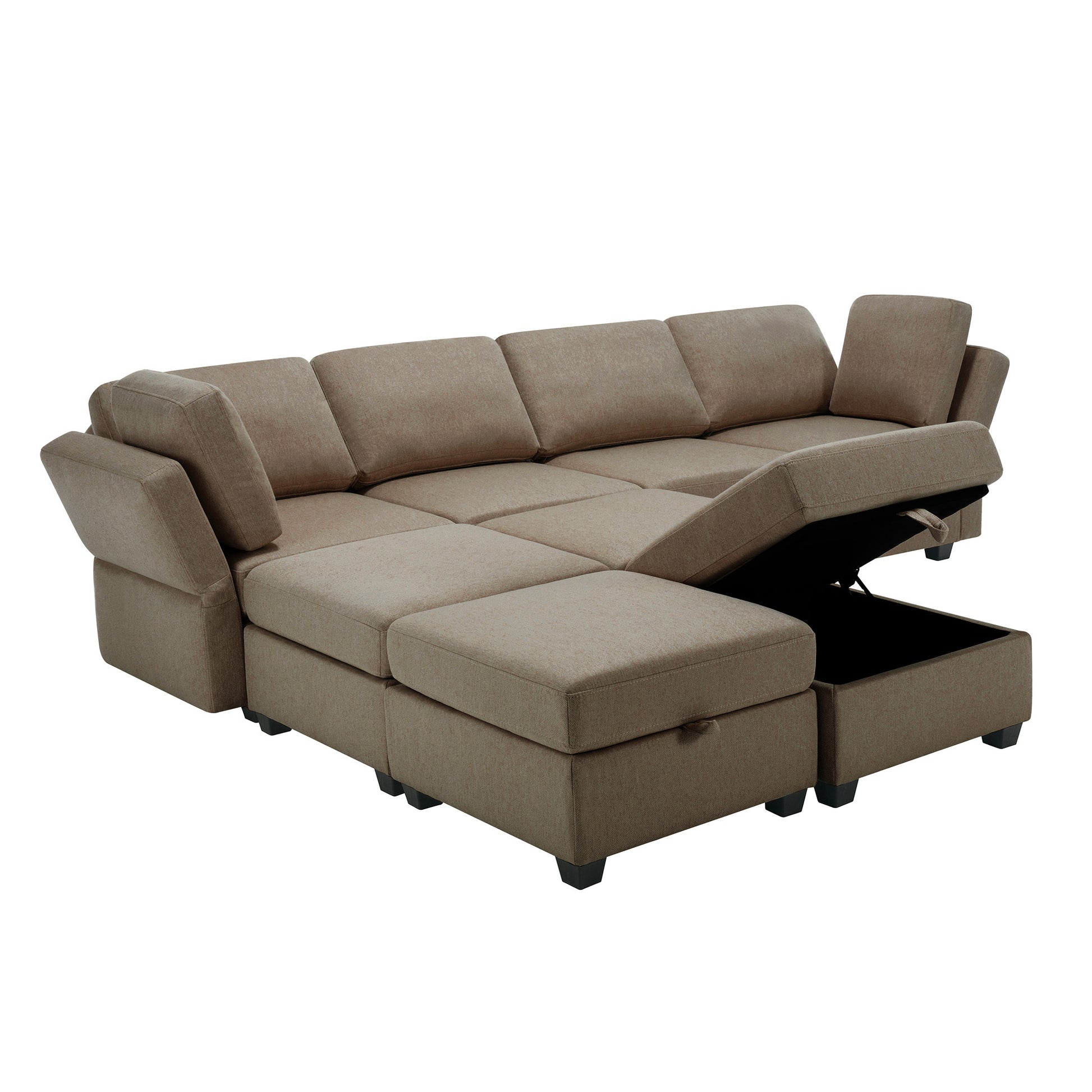Modular Convertible U Shaped Sectional Sofa Couch With Storage Ottoman Corner Couch For Living Room, Adjustable Arms And Backs Brown Brown Polyester 4 Seat