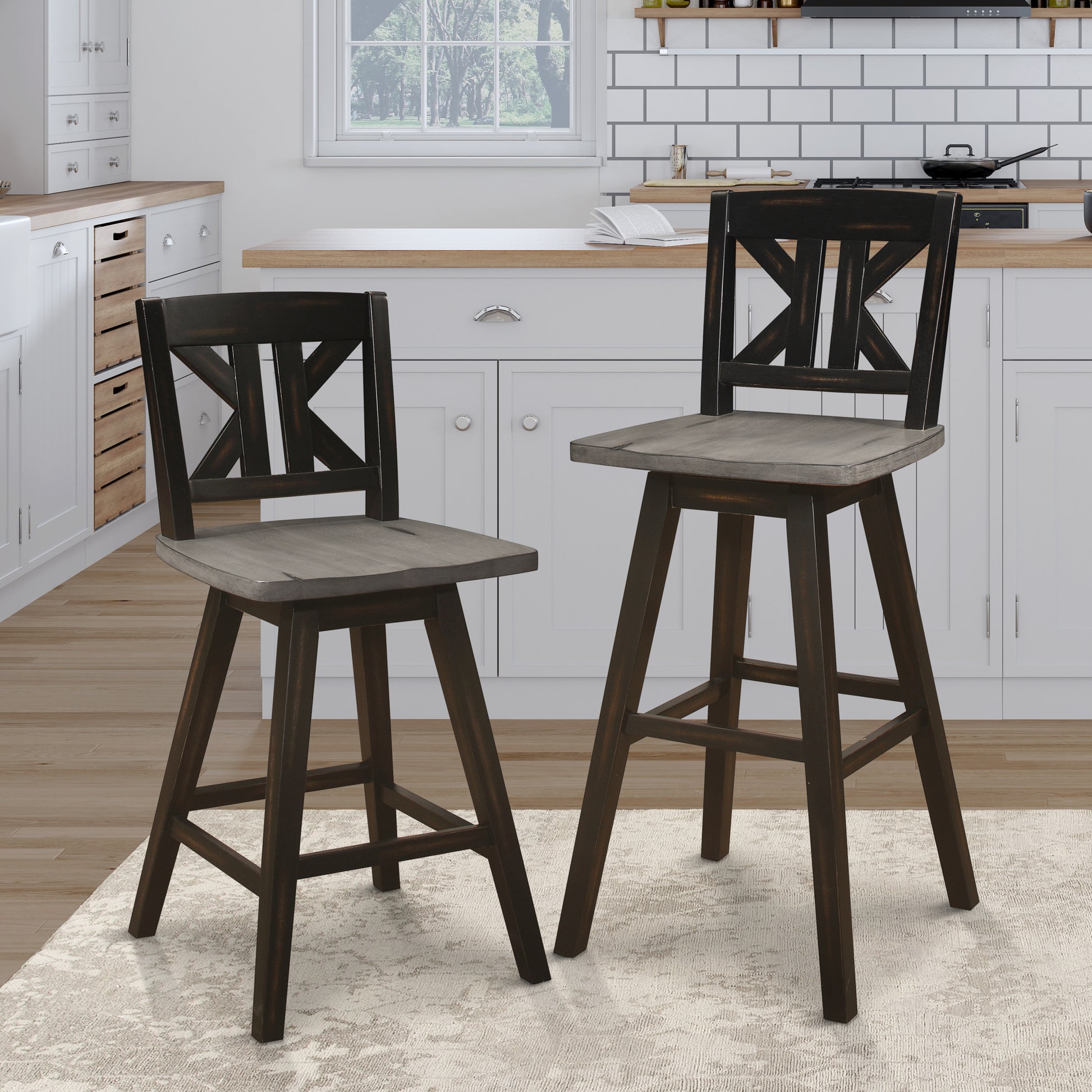 Pub Height Chairs Set Of 2, Distressed Gray And Black 360 Degree Swivel Chair Solid Rubberwood Furniture, Divided X Back Bar Chairs Black Gray Dining Room Rustic Solid Wood