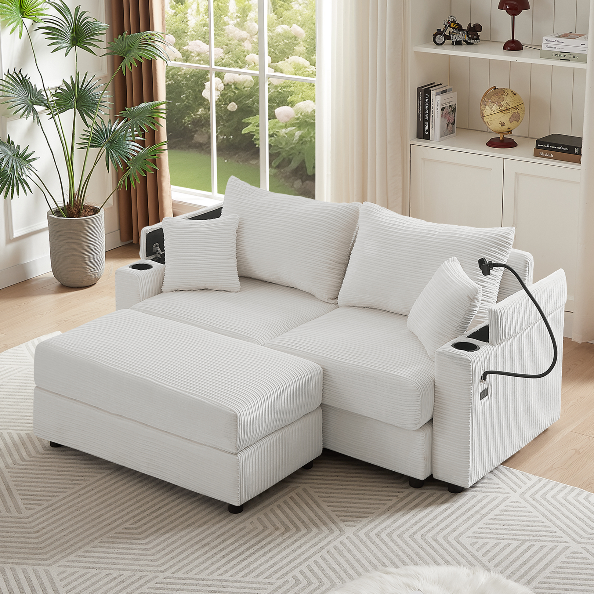 72.8" Modern Style Loveseat Sofa Sectional Sofa Couch With Storage Space, A Movable Ottoman, Two Usb Ports, Two Cup Holders, A Phone Holder For Living Room, Beige Beige Foam Corduroy 3 Seat