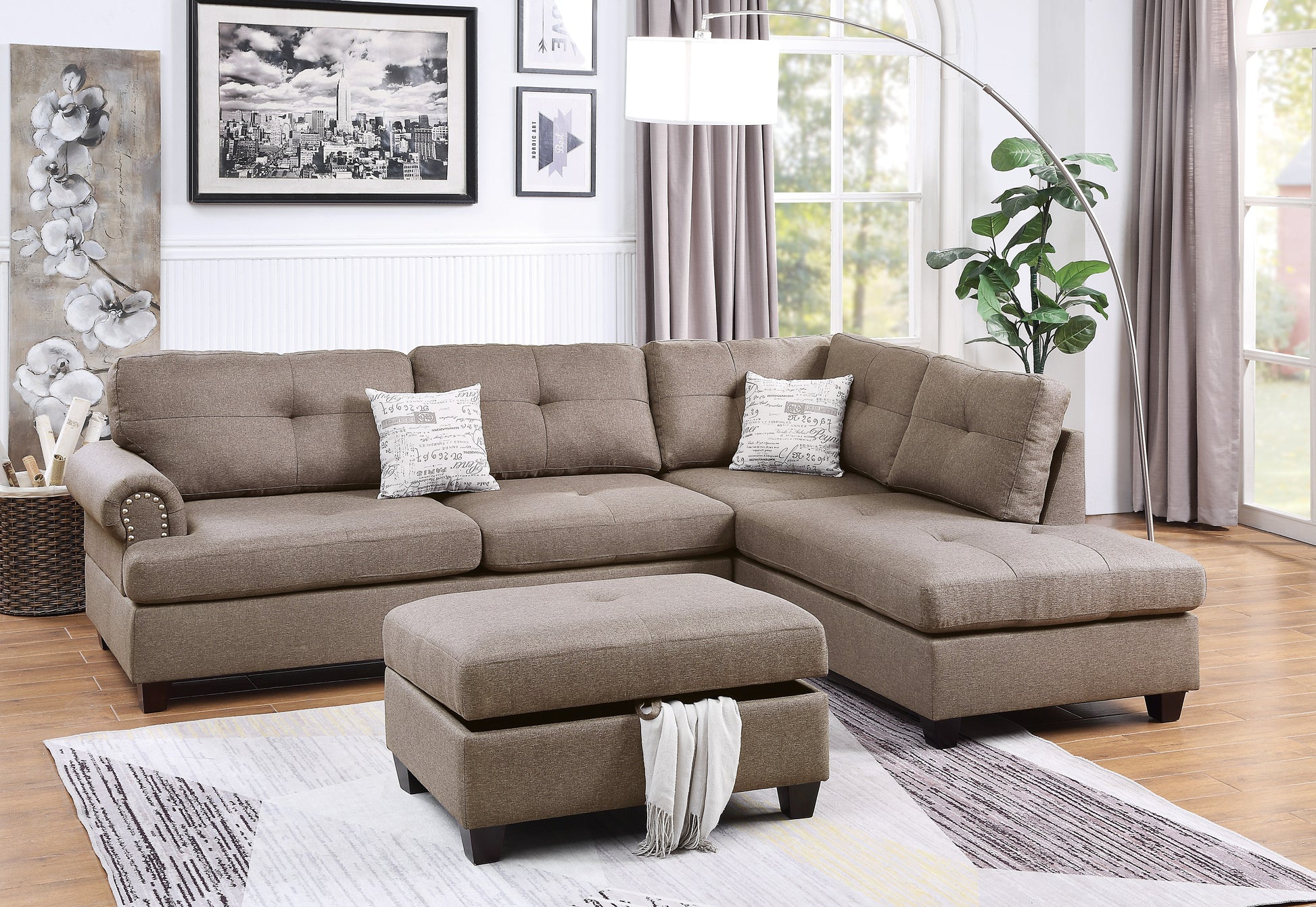 Contemporary 3 Pcs Sectional Sofa Mocha Dorris Fabric Cushion Sofa Chaise Ottoman Reversible Couch Pillows Mocha Wood Primary Living Space Tufted Back Contemporary,Modern L Shaped Rubberwood Particle Board 5 Seat