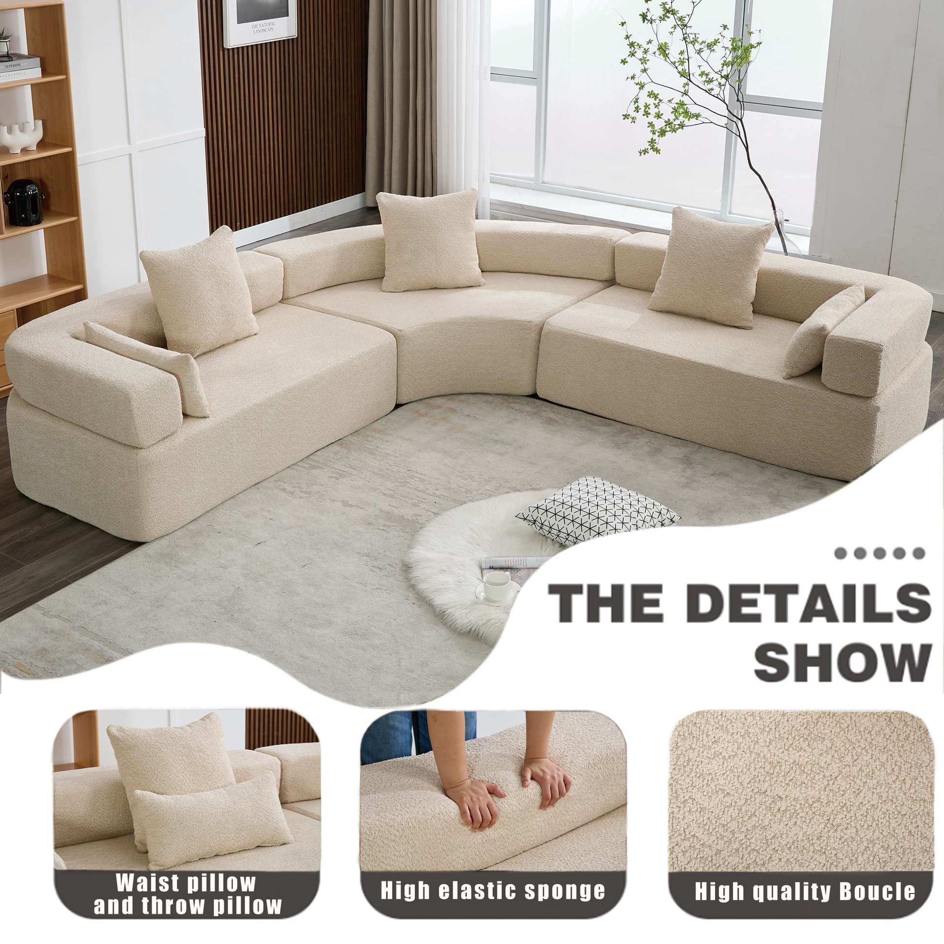 Arrived Oversized Combination Sofa,Curved Sofa,Upholstered 4 Seater Couch For Living Room, Modern Modular 3 Piece Free Combination, Semicircular Modular Sofaboucle, Khaki Khaki Polyester Primary Living Space Soft Tight Back Modern Square Arms Foam