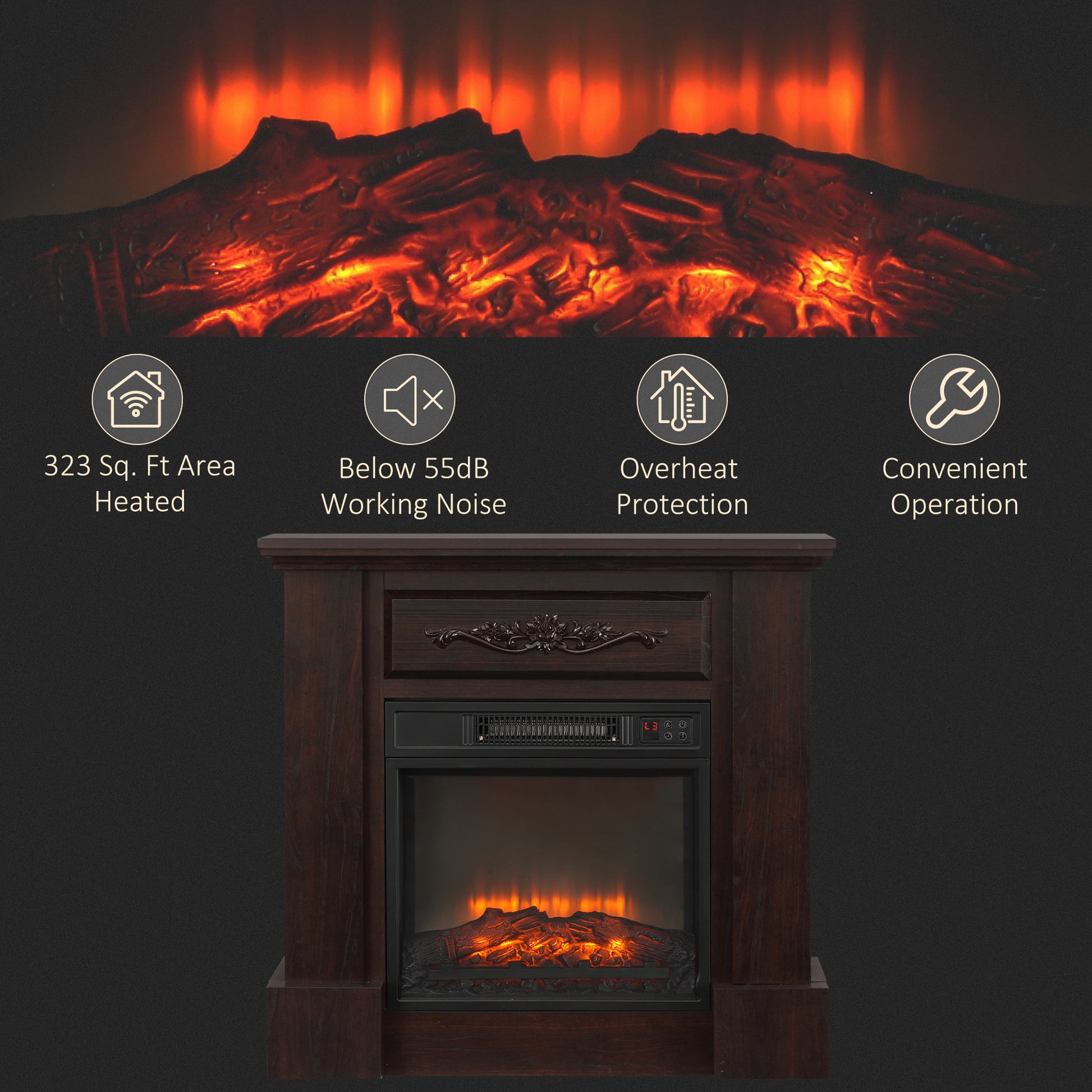 Homcom 32" Electric Fireplace With Mantel, Freestanding Heater With Led Log Flame, Overheat Protection And Remote Control, 1400W, White Brown Steel
