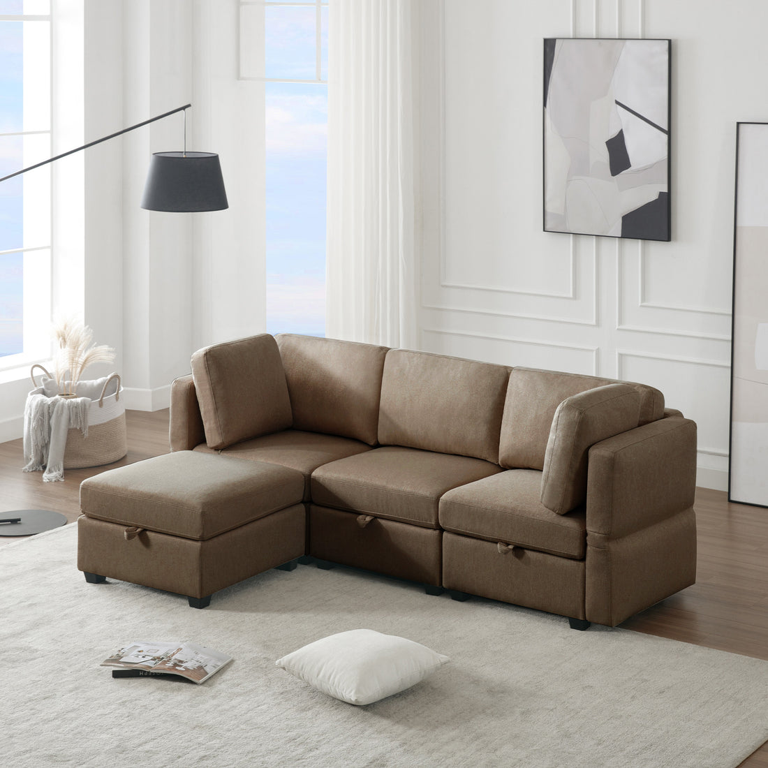 Convertible Sectional Sofa With Chaise, L Shaped Sofa Couch Modular Sectional Sofa With Storage Seats, Adjustable Arms And Backs Brown Brown Polyester 3 Seat