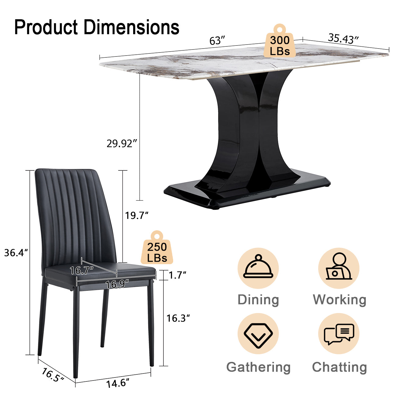 Faux Marble Dining Table Set With Convertible Base, Luxury Rectangular Kitchen Table For 6 8, Modern White Faux Marble Tabletop With Mdf Base, Dining Table, And Black 6 Chairs White Black Mdf Glass