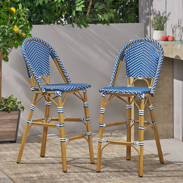 29.5" Outdoor Pe Rattan French Barstool, Dark Teal And White, Aluminum Frame With Bamboo Finish Set Of 2 No Teal Blue,White Rust Resistant Frame Garden & Outdoor French 2 Person Seating Group