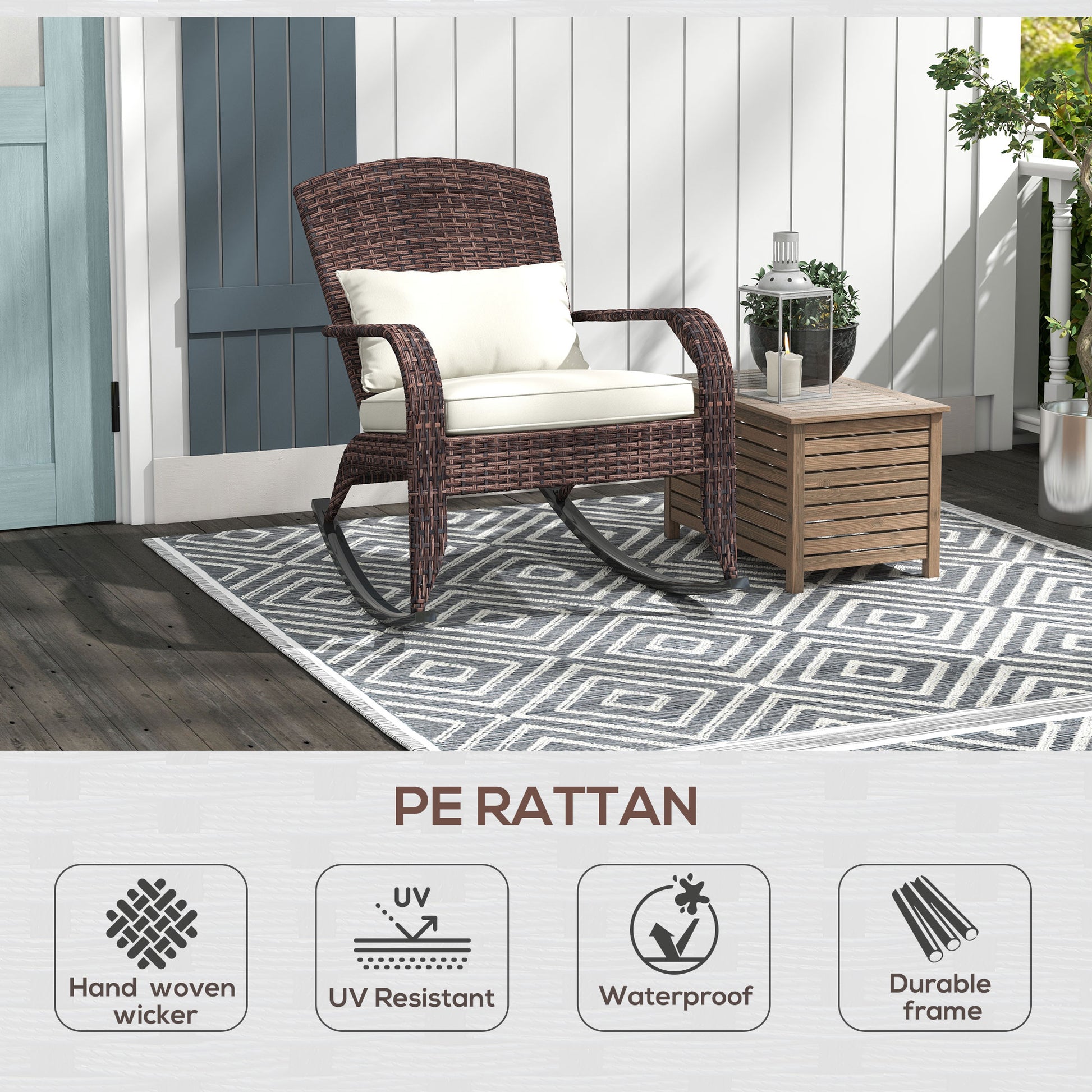 Outsunny Outdoor Wicker Adirondack Rocking Chair, Patio Rattan Rocker Chair With High Back, Seat Cushion, And Pillow For Garden, Porch, Balcony, Cream White White Rattan