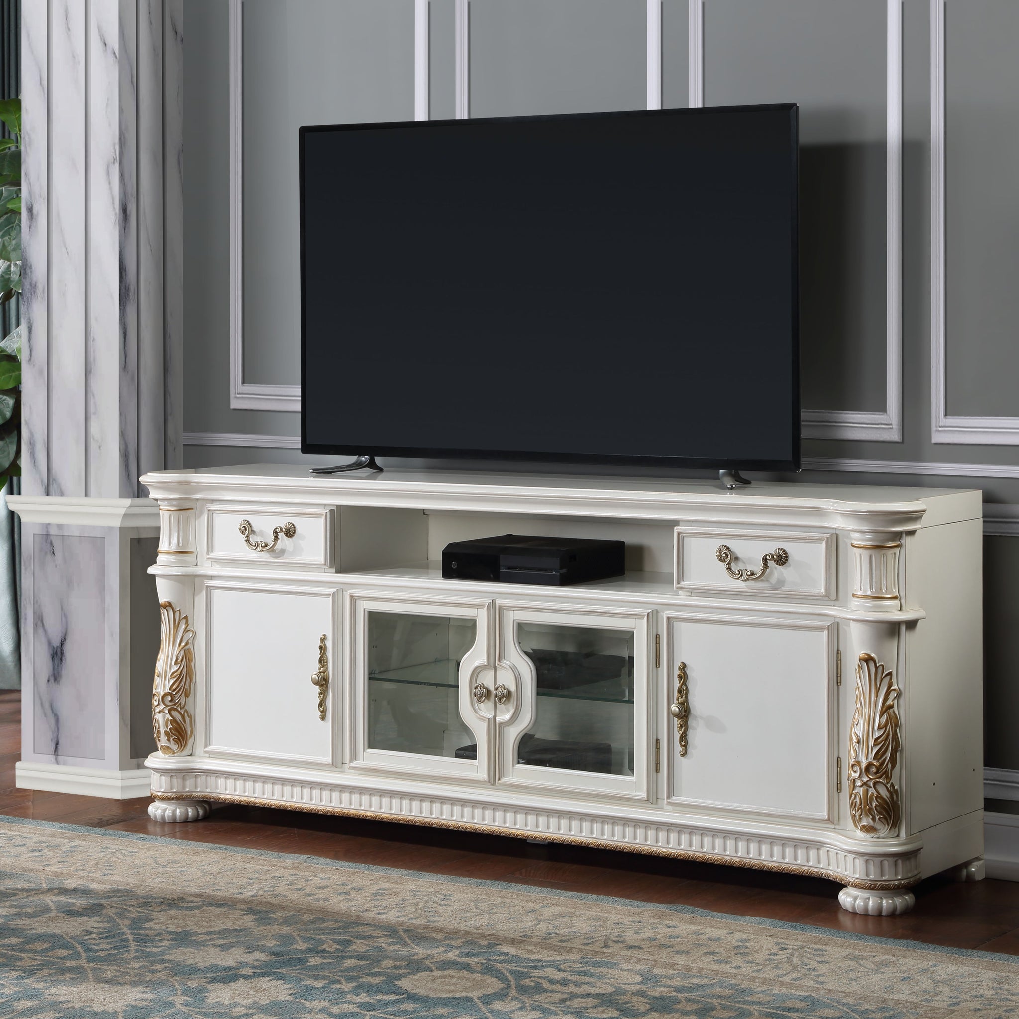 Vendome Tv Stand, Antique Pearl Finish Lv01521 White 80 89 Inches Wood